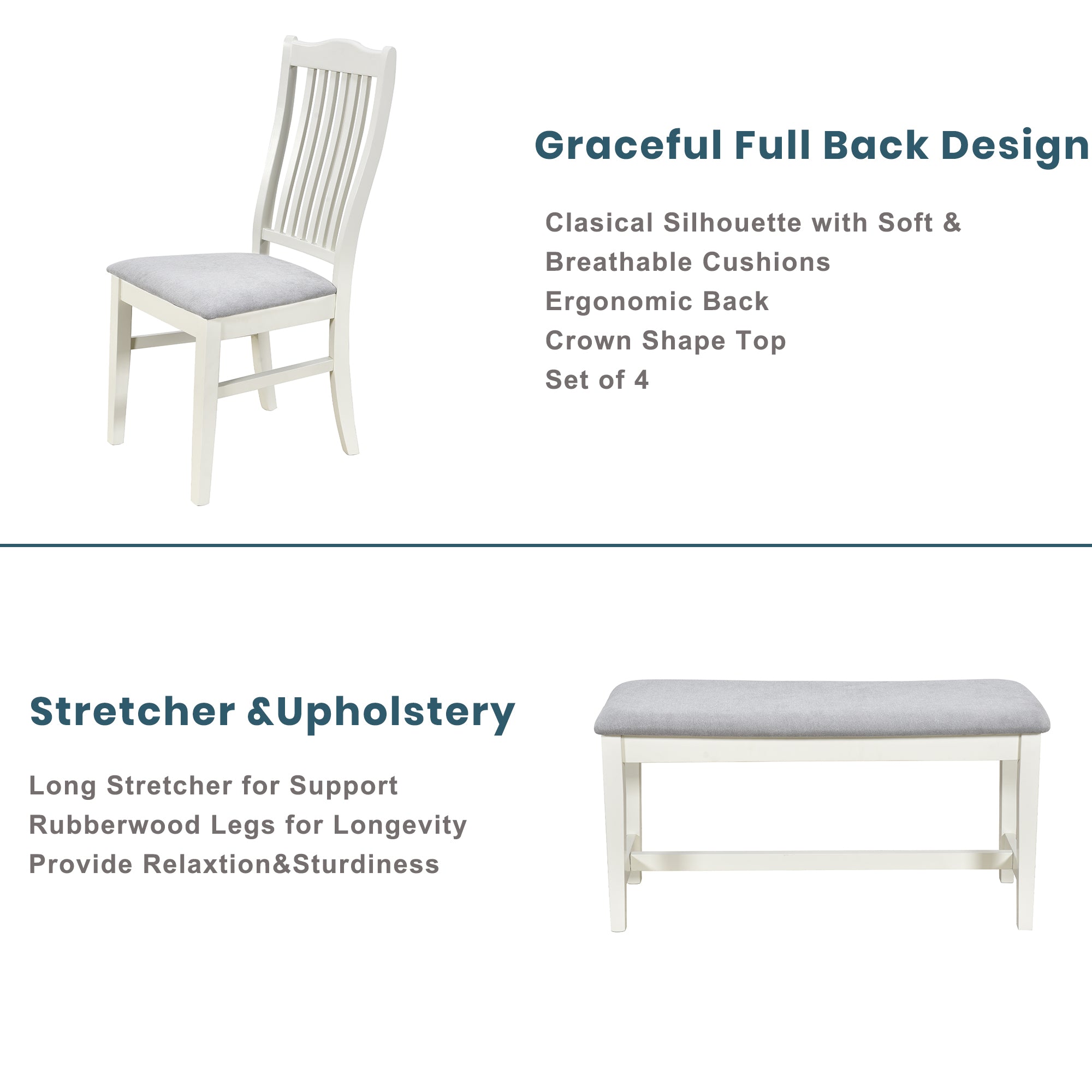 Mason 6 Piece Dining Table Set with Drawer, Upholstered Bench and Chairs, Butter Milk