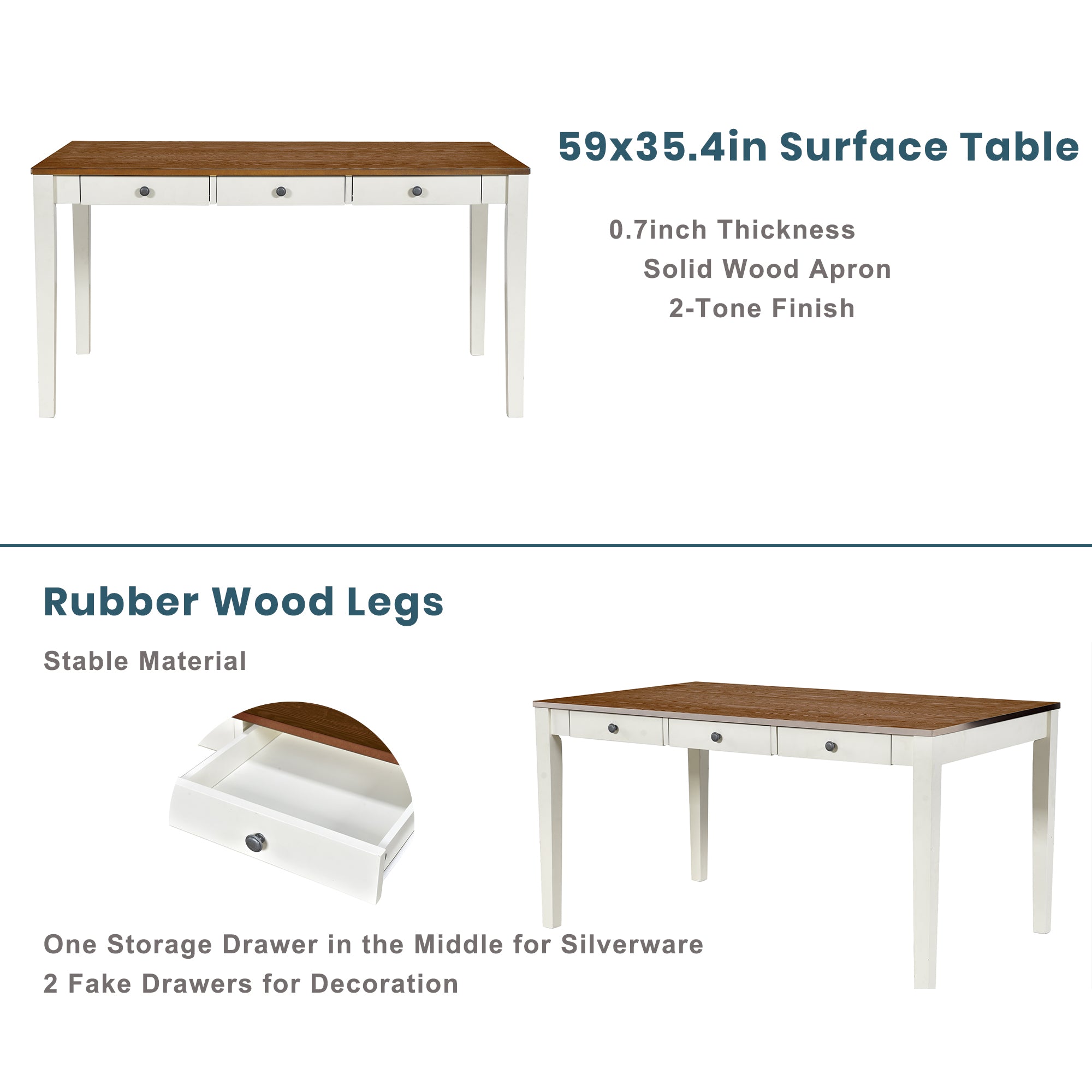 Mason 6 Piece Dining Table Set with Drawer, Upholstered Bench and Chairs, Butter Milk