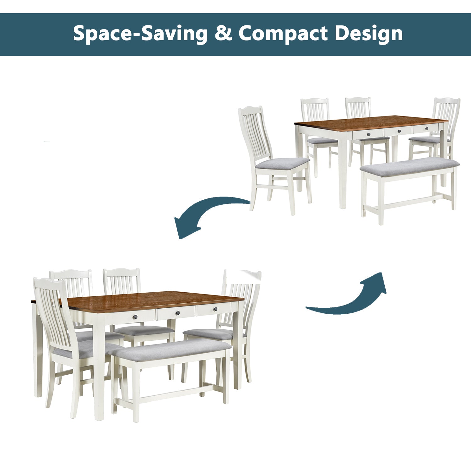 Mason 6 Piece Dining Table Set with Drawer, Upholstered Bench and Chairs, Butter Milk