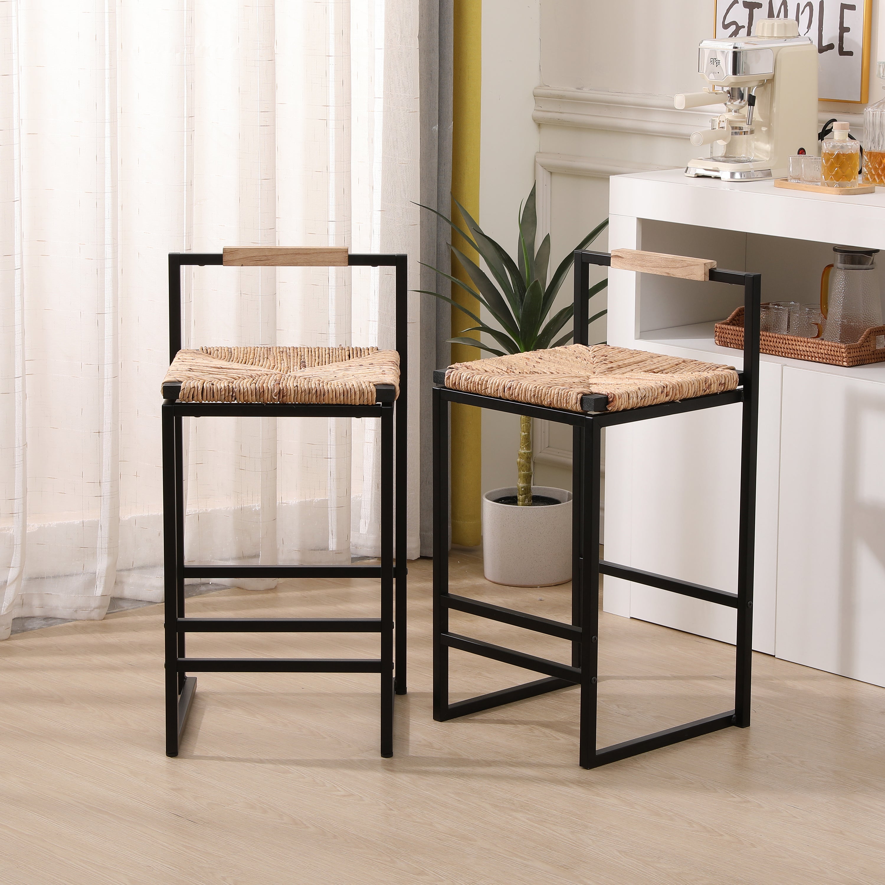 Water Hyacinth Woven Counter Stools, Set of 2
