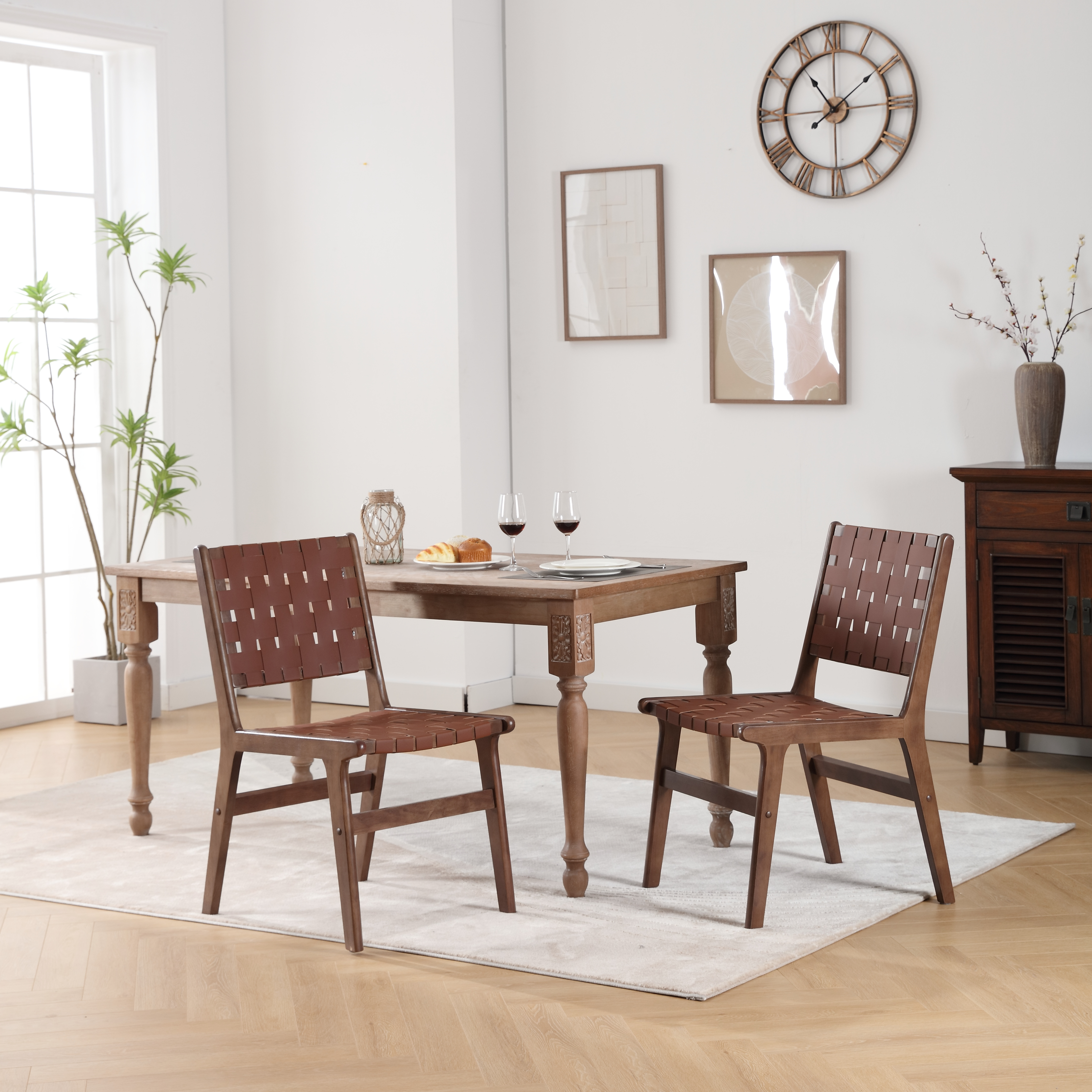 Woven Saddle Faux Leather Dining Chair with Solid Wood Frame