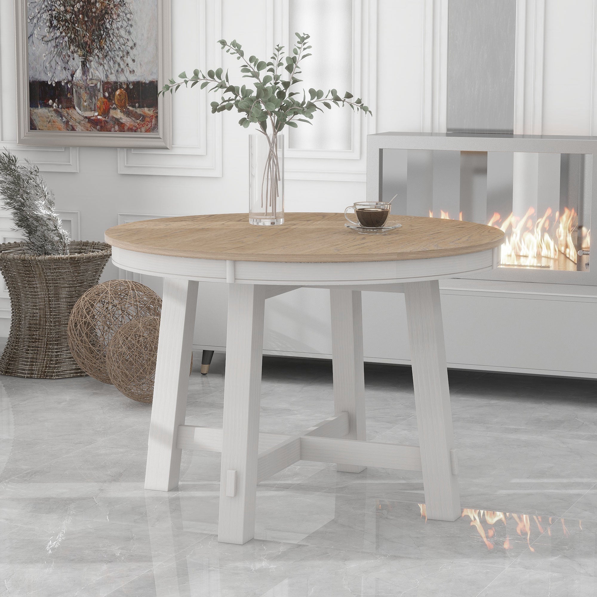 Gia Farmhouse Round Extendable Dining Table with 16" Leaf