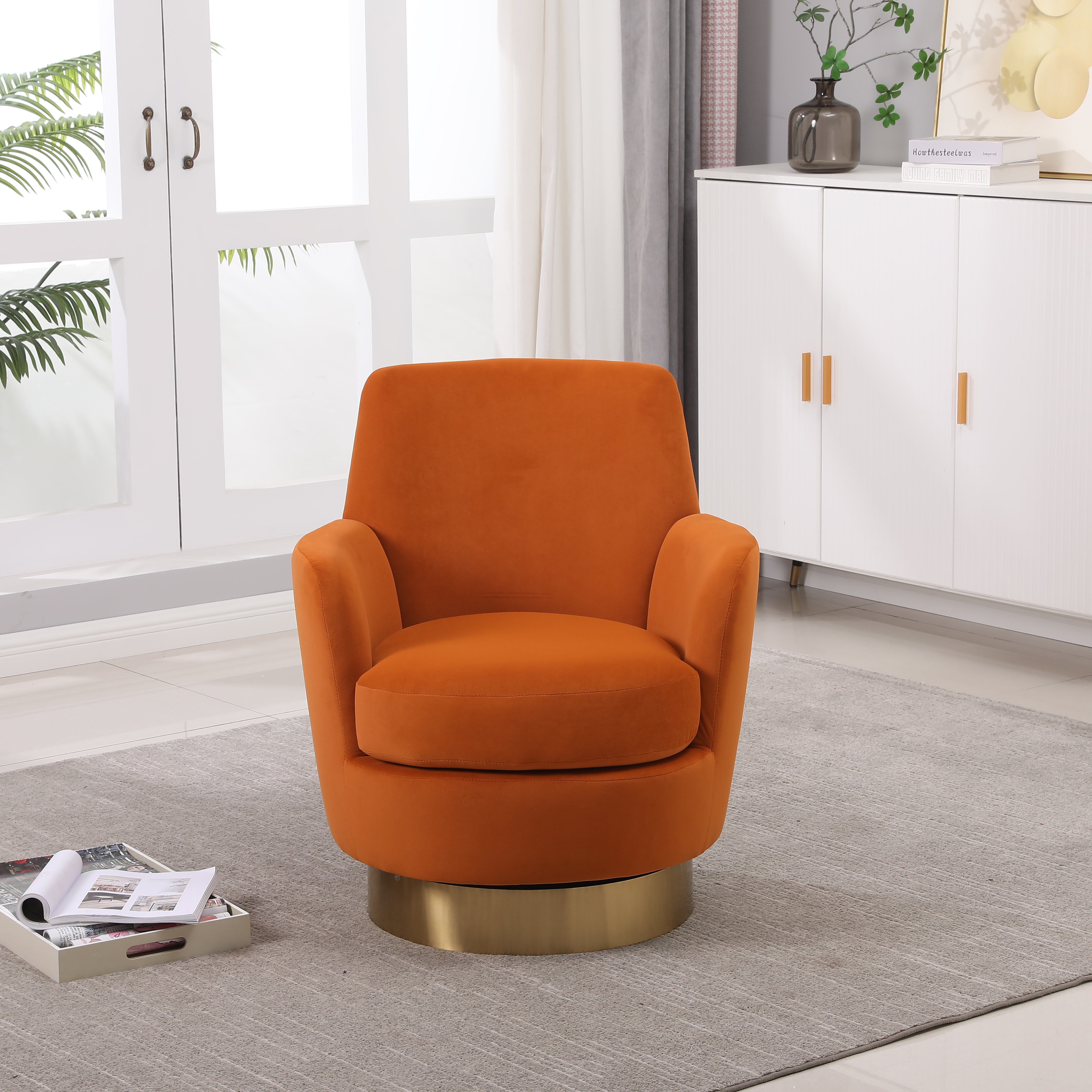 Velvet Swivel Barrel Chair, Swivel Accent Chairs Armchair for Living Room, Reading Chairs for Bedroom Comfy, Round Barrel Chairs with Gold Stainless Steel Base (Emerald)