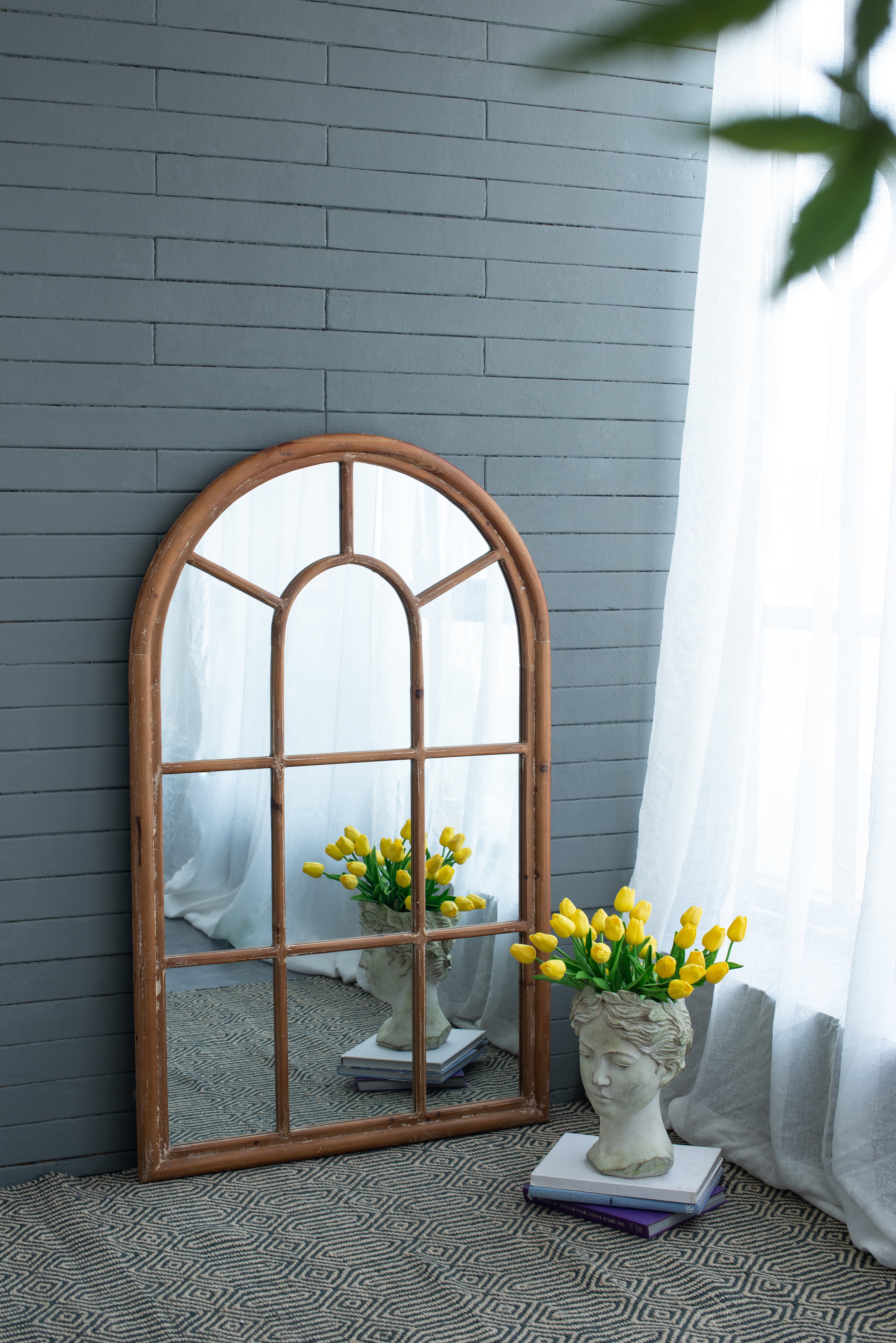 Large Arched Windowpane Accent Mirror with Solid Fir Wood Frame
