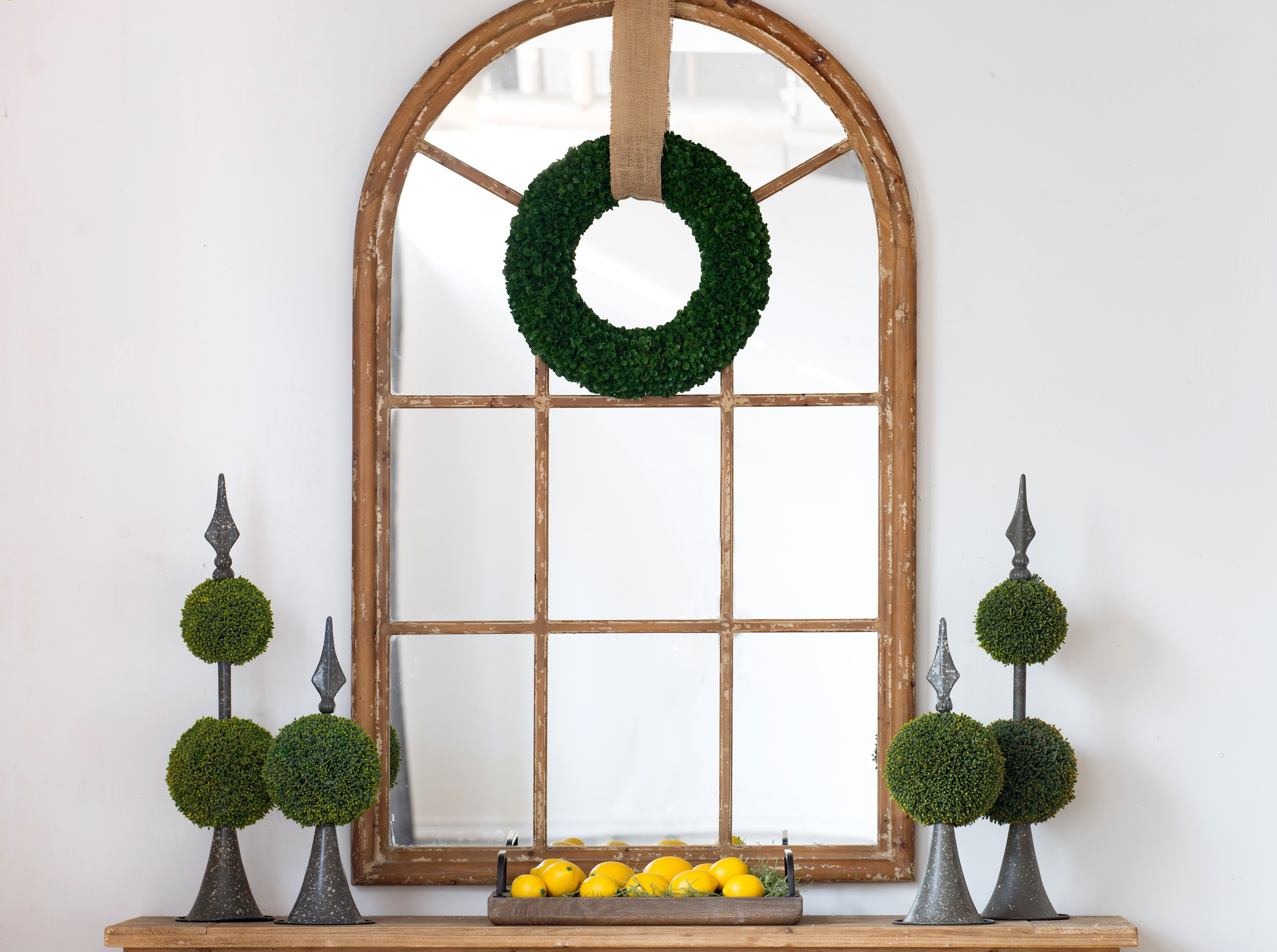 Large Arched Windowpane Accent Mirror with Solid Fir Wood Frame