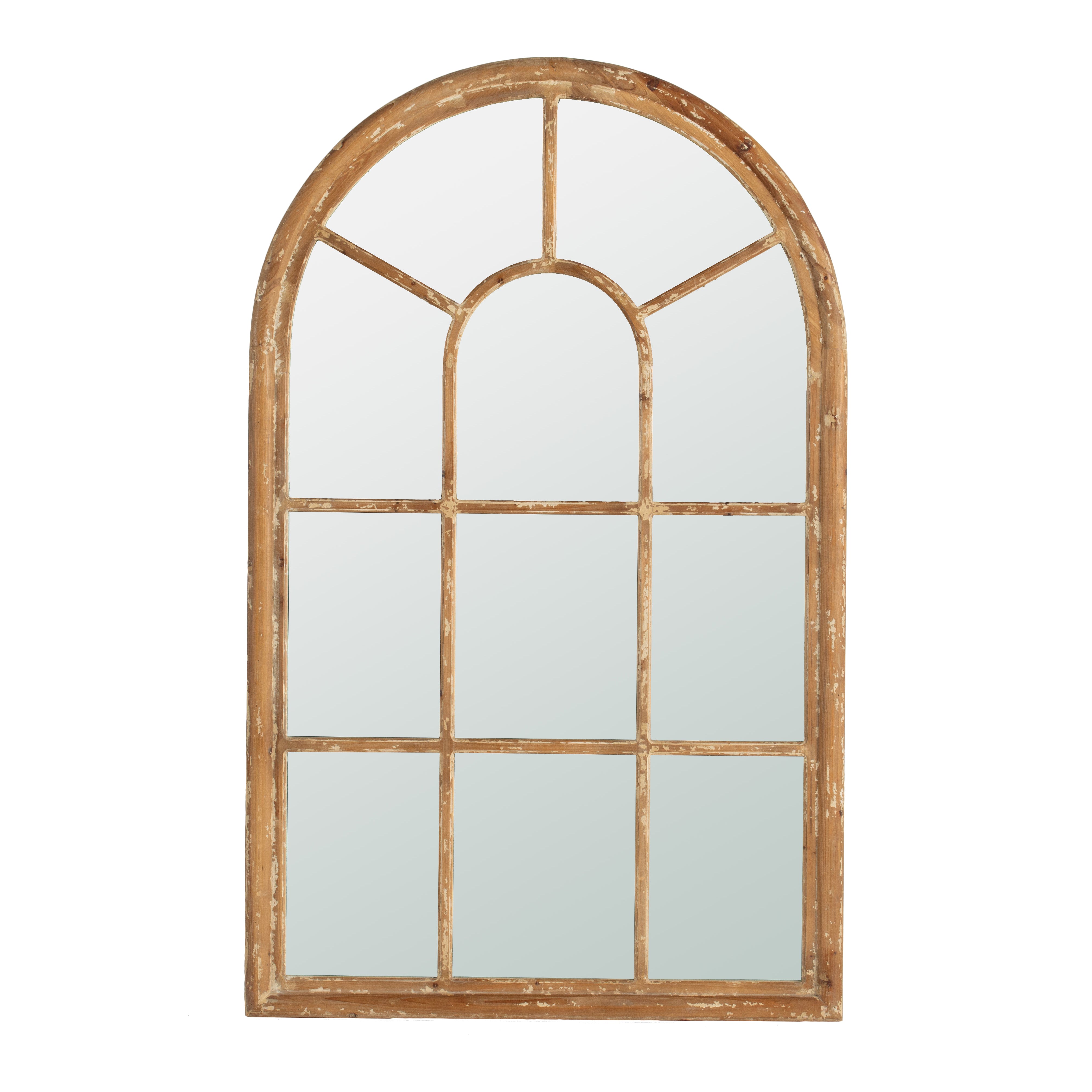 Large Arched Windowpane Accent Mirror with Solid Fir Wood Frame