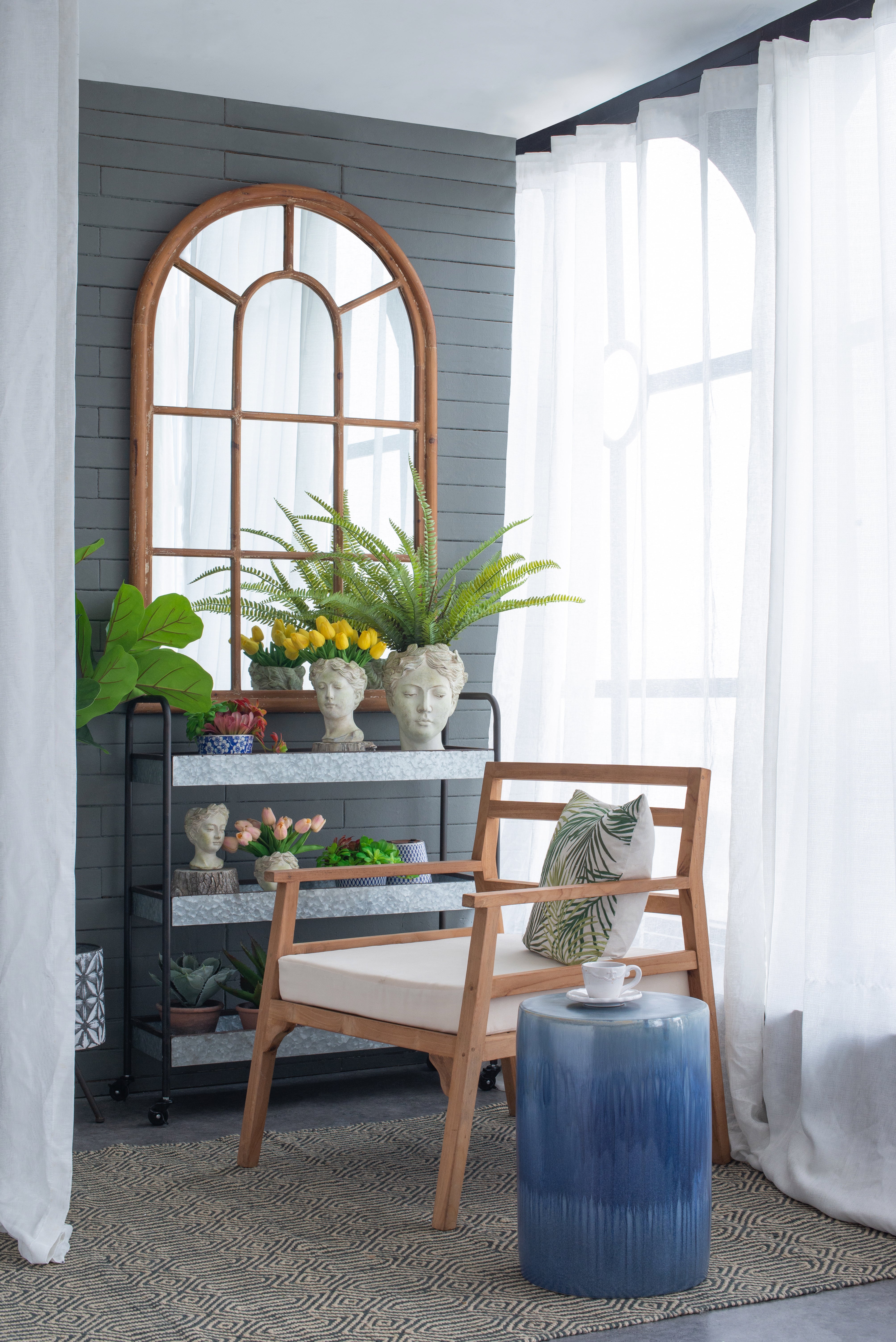 Large Arched Windowpane Accent Mirror with Solid Fir Wood Frame