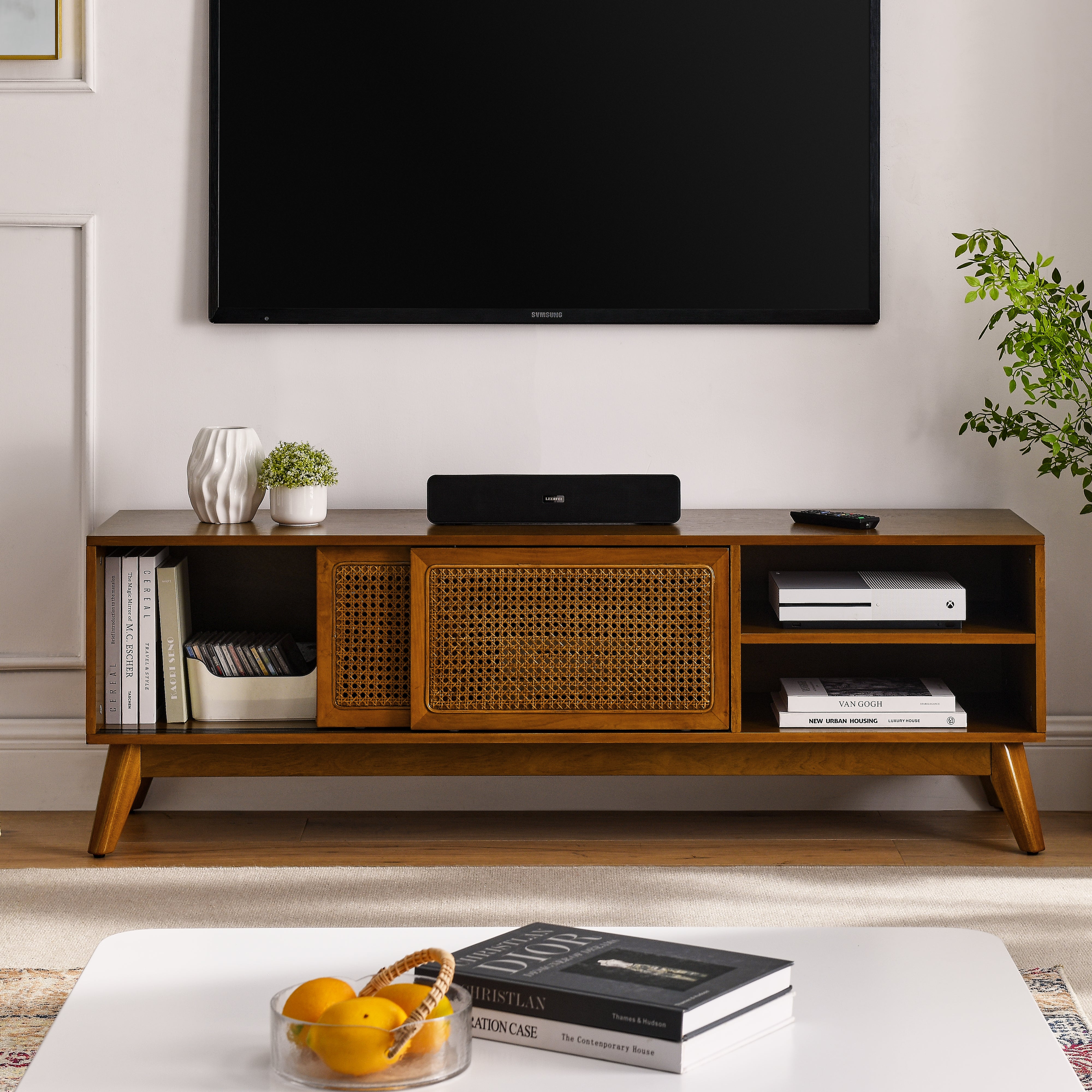 Mid Century Modern Rattan TV Stand for 65 Inch TV