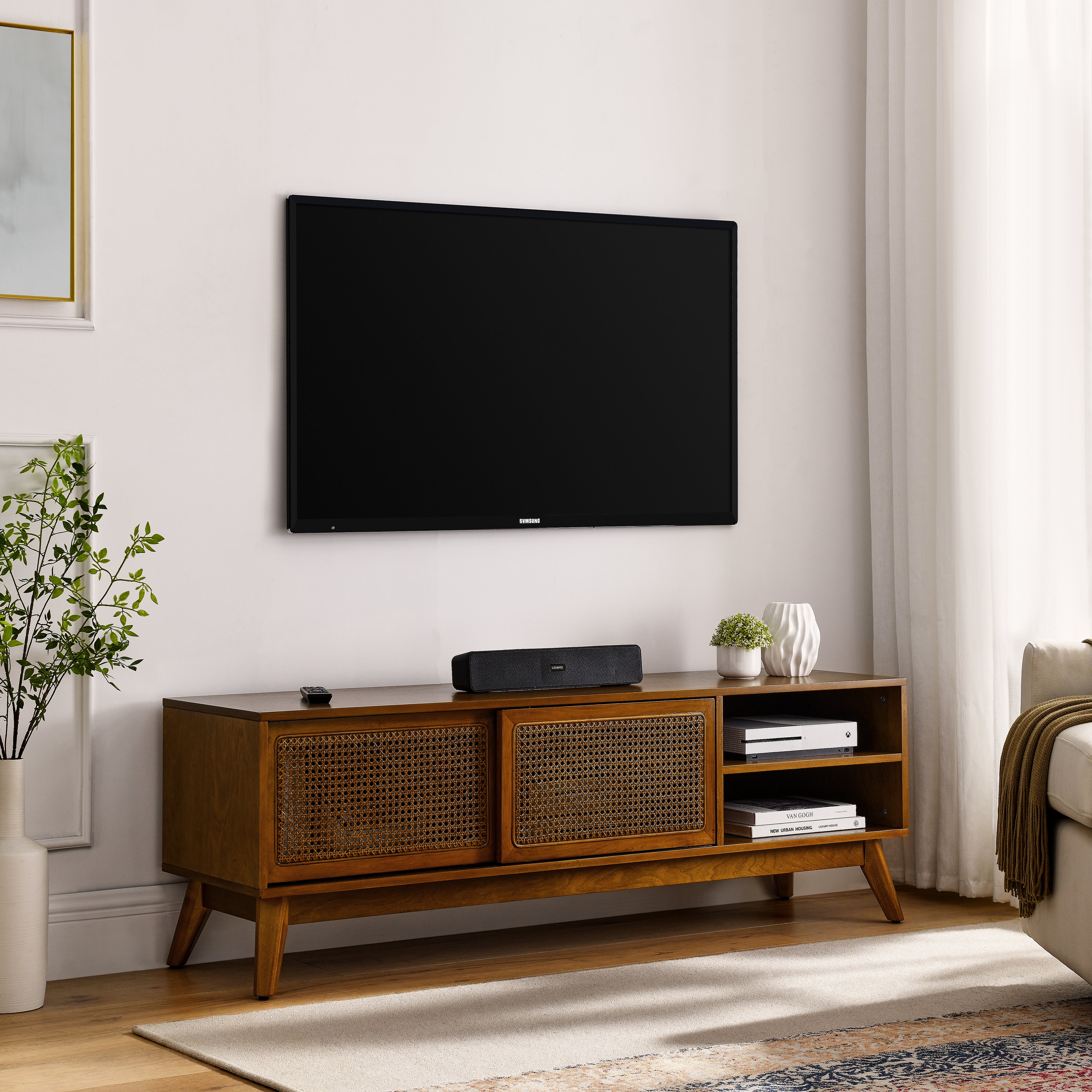 Mid Century Modern Rattan TV Stand for 65 Inch TV
