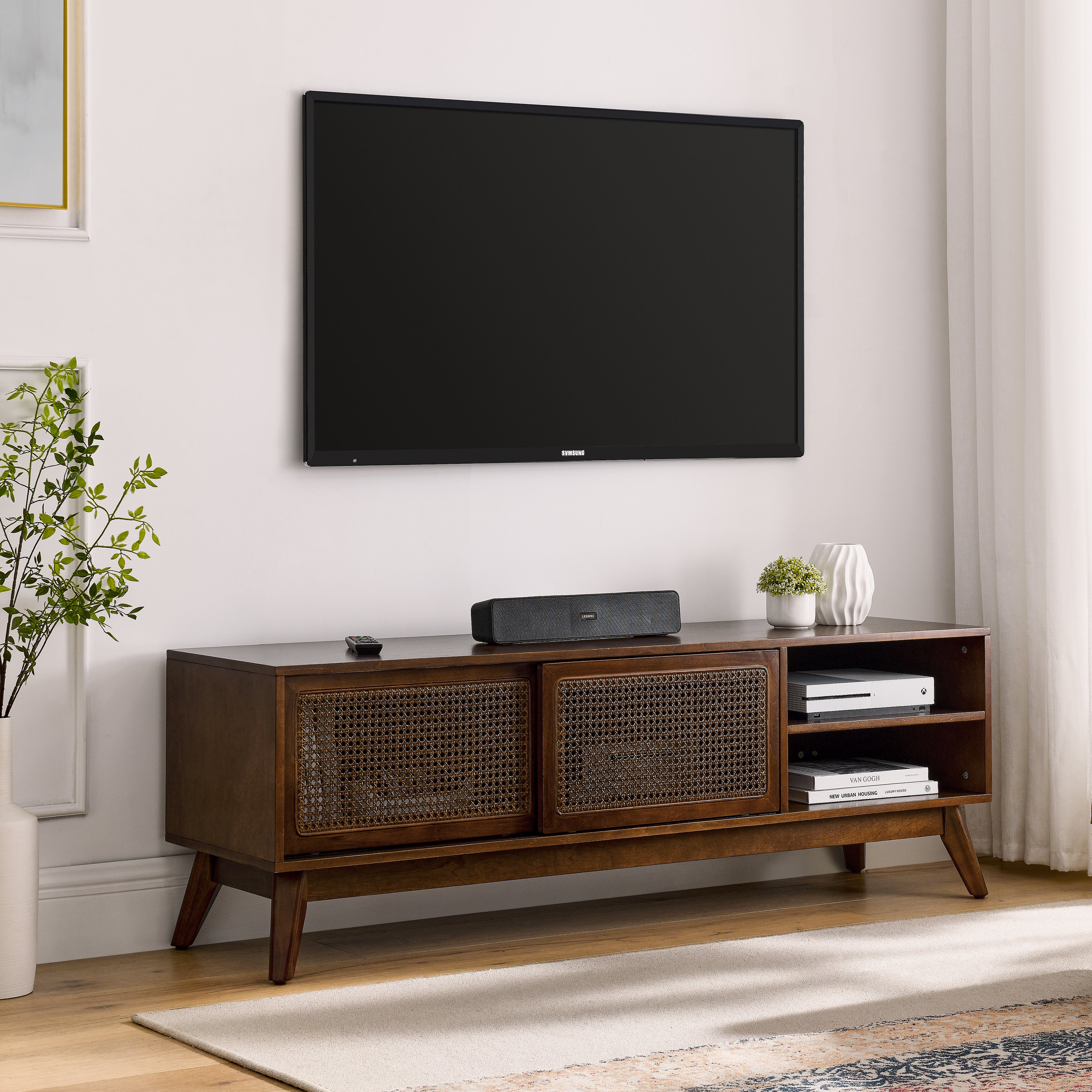 Mid Century Modern Rattan TV Stand for 65 Inch TV