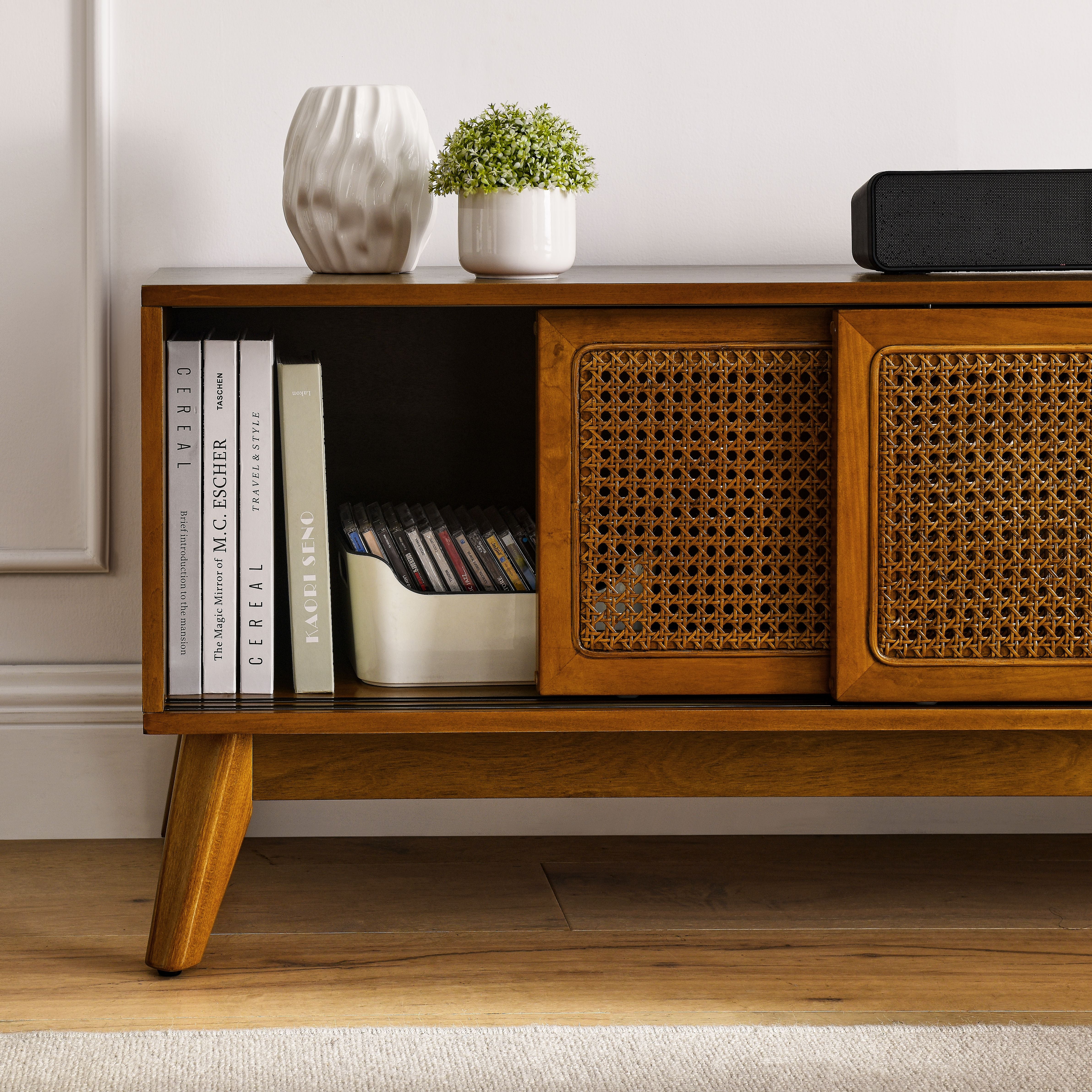 Mid Century Modern Rattan TV Stand for 65 Inch TV