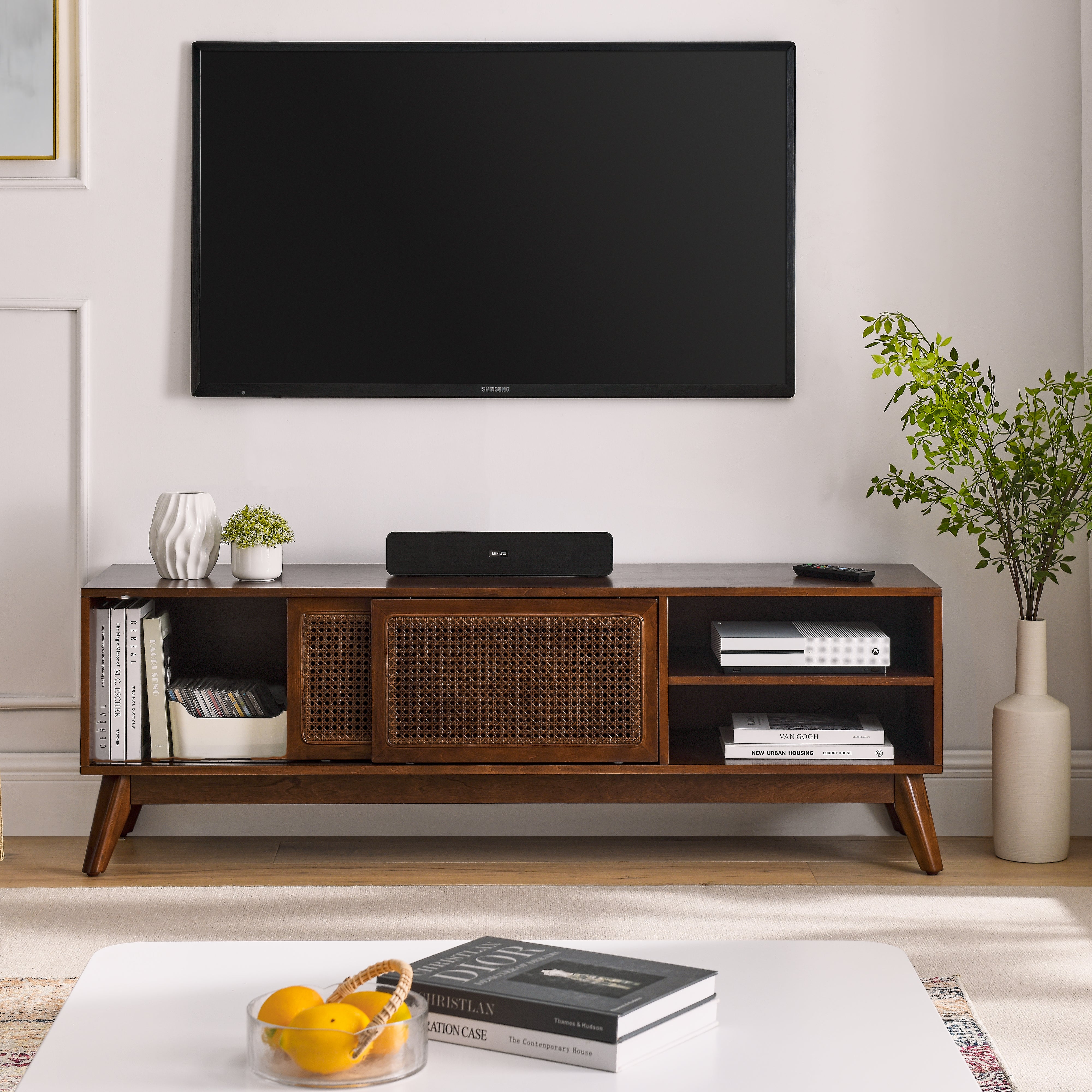 Mid Century Modern Rattan TV Stand for 65 Inch TV