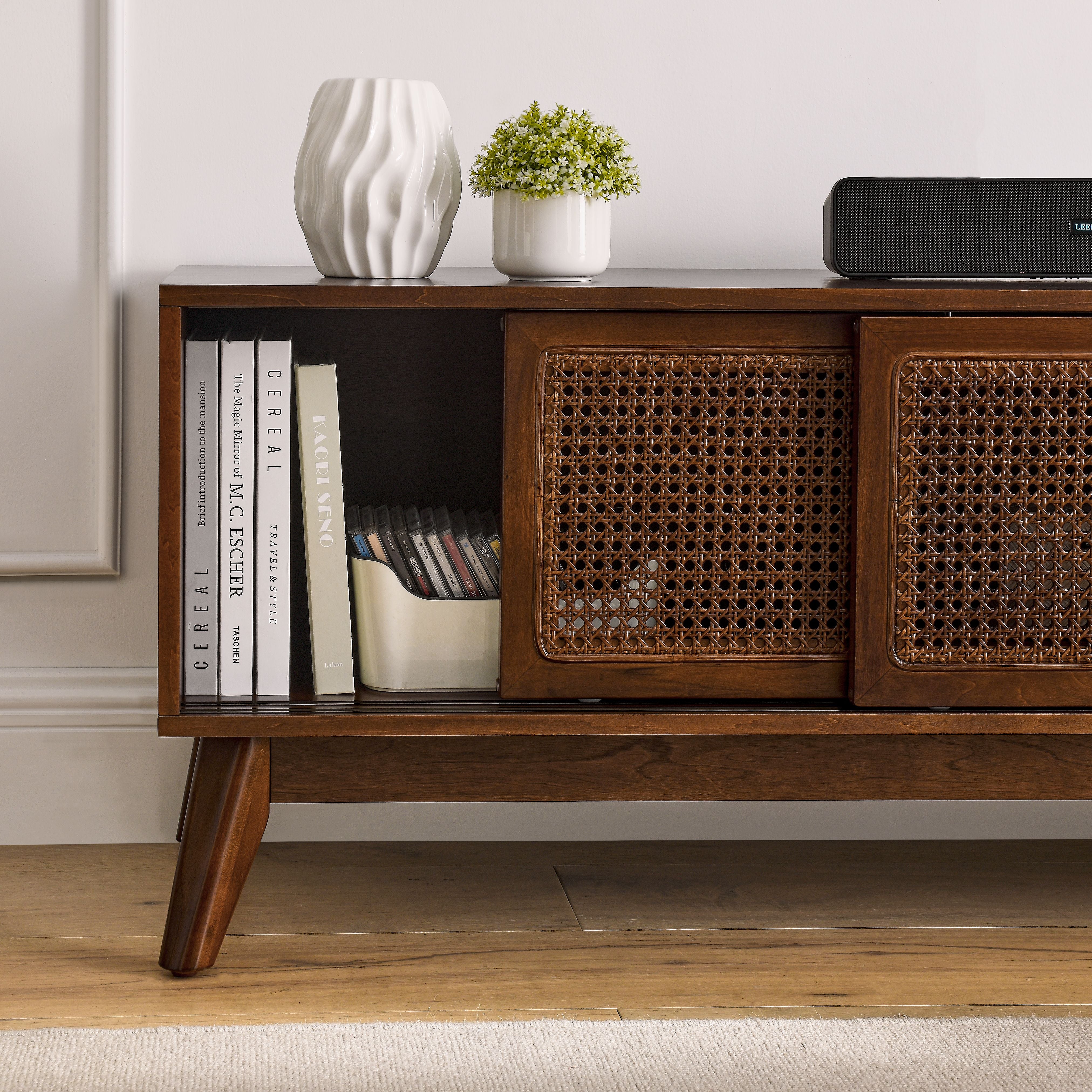 Mid Century Modern Rattan TV Stand for 65 Inch TV