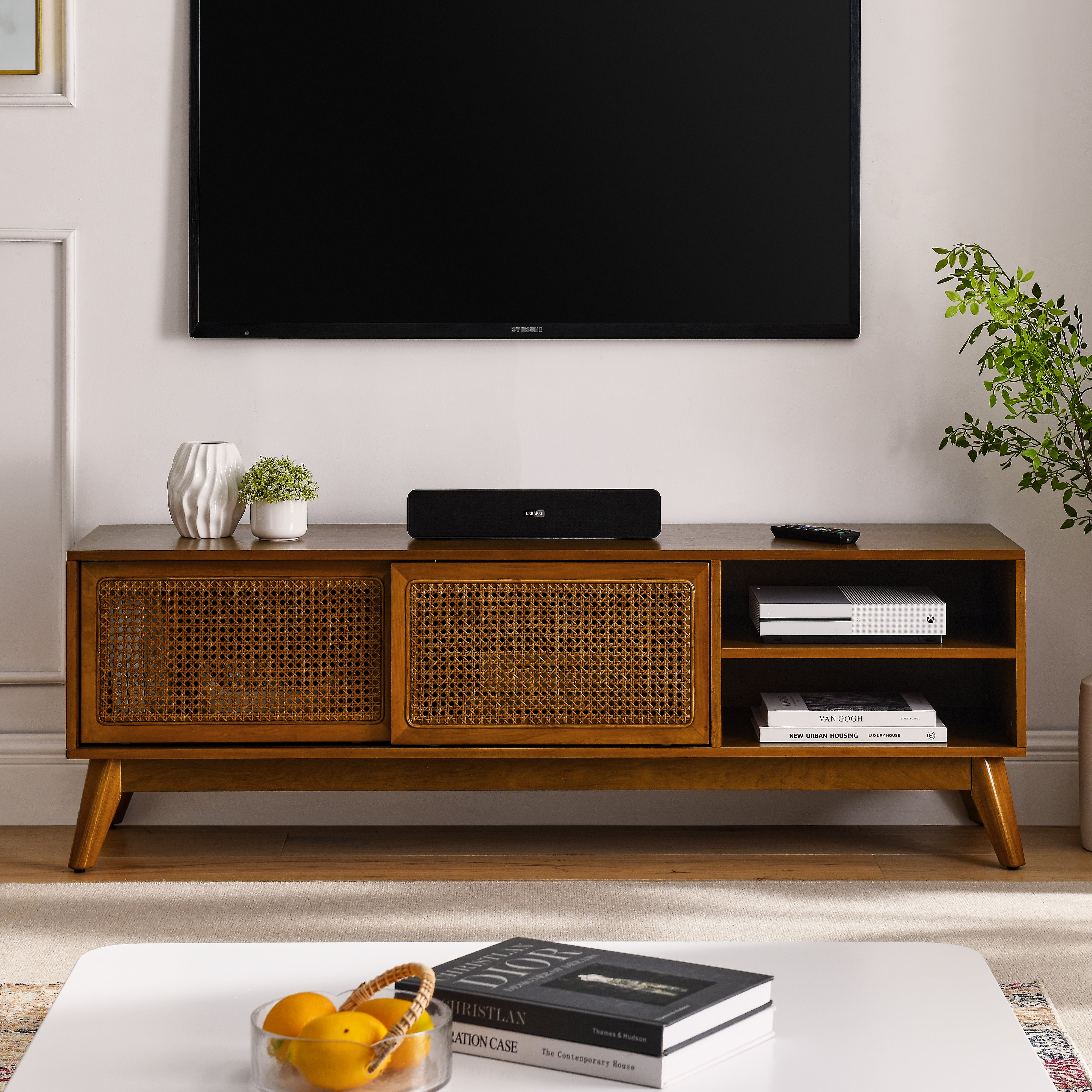 Mid Century Modern Rattan TV Stand for 65 Inch TV