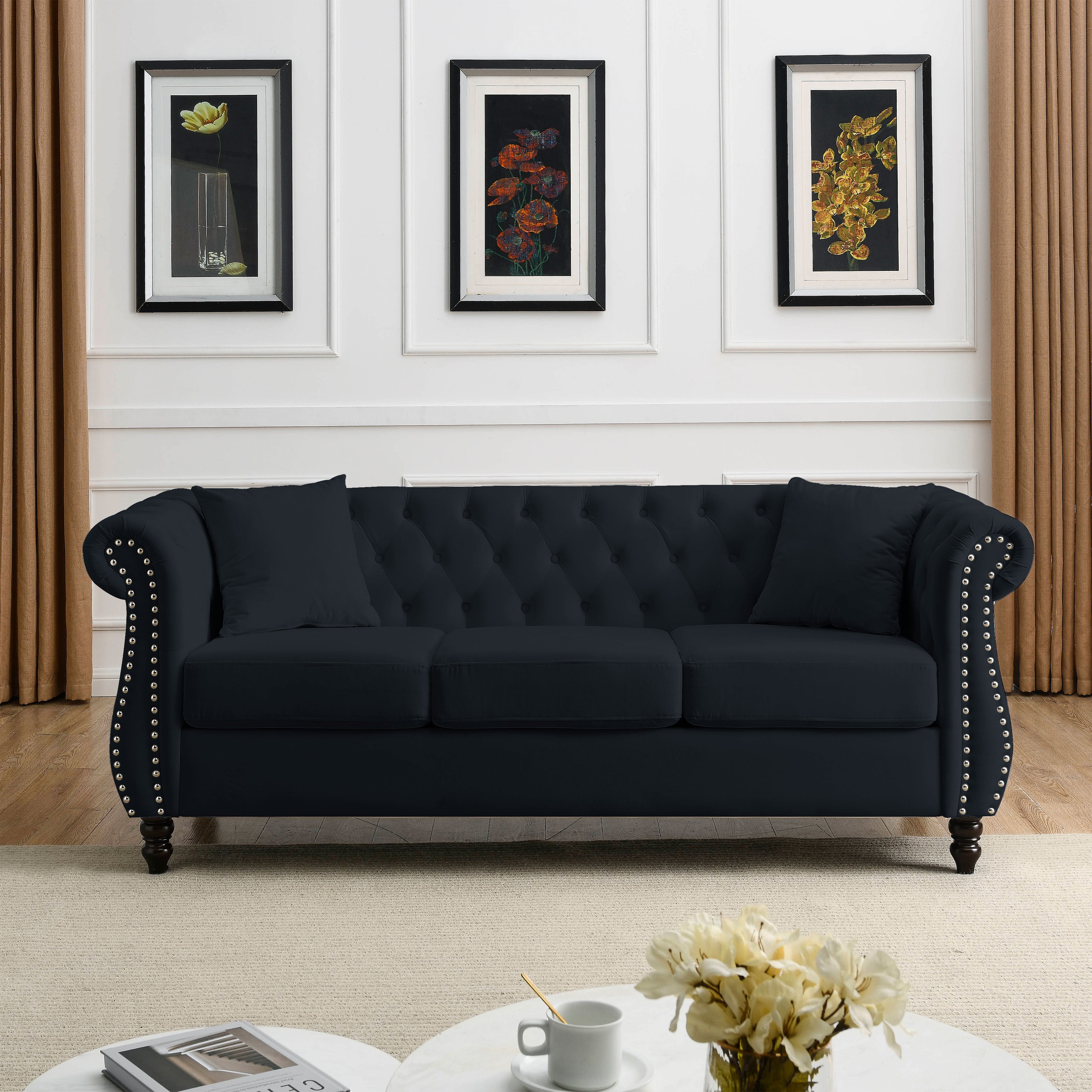 Nailhead Velvet Chesterfield 3-Seater Sofa