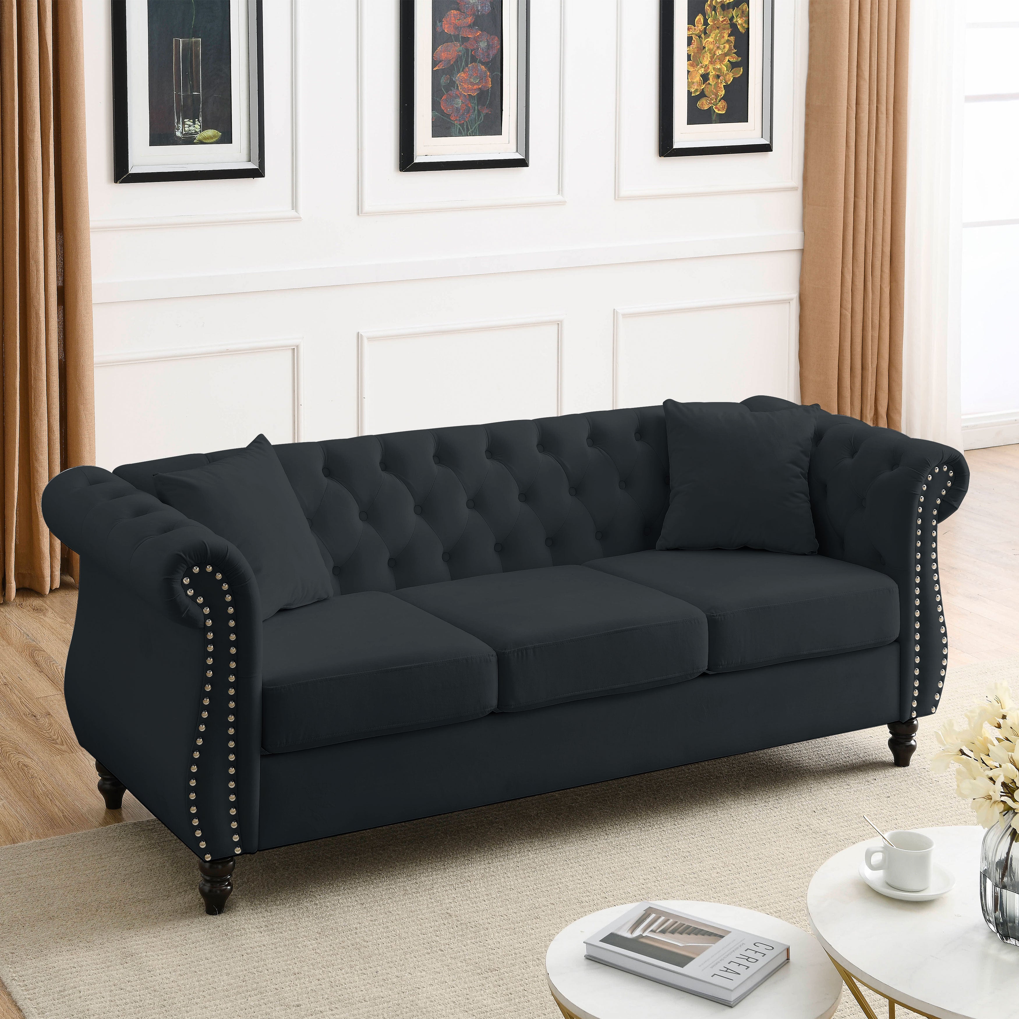 Nailhead Velvet Chesterfield 3-Seater Sofa