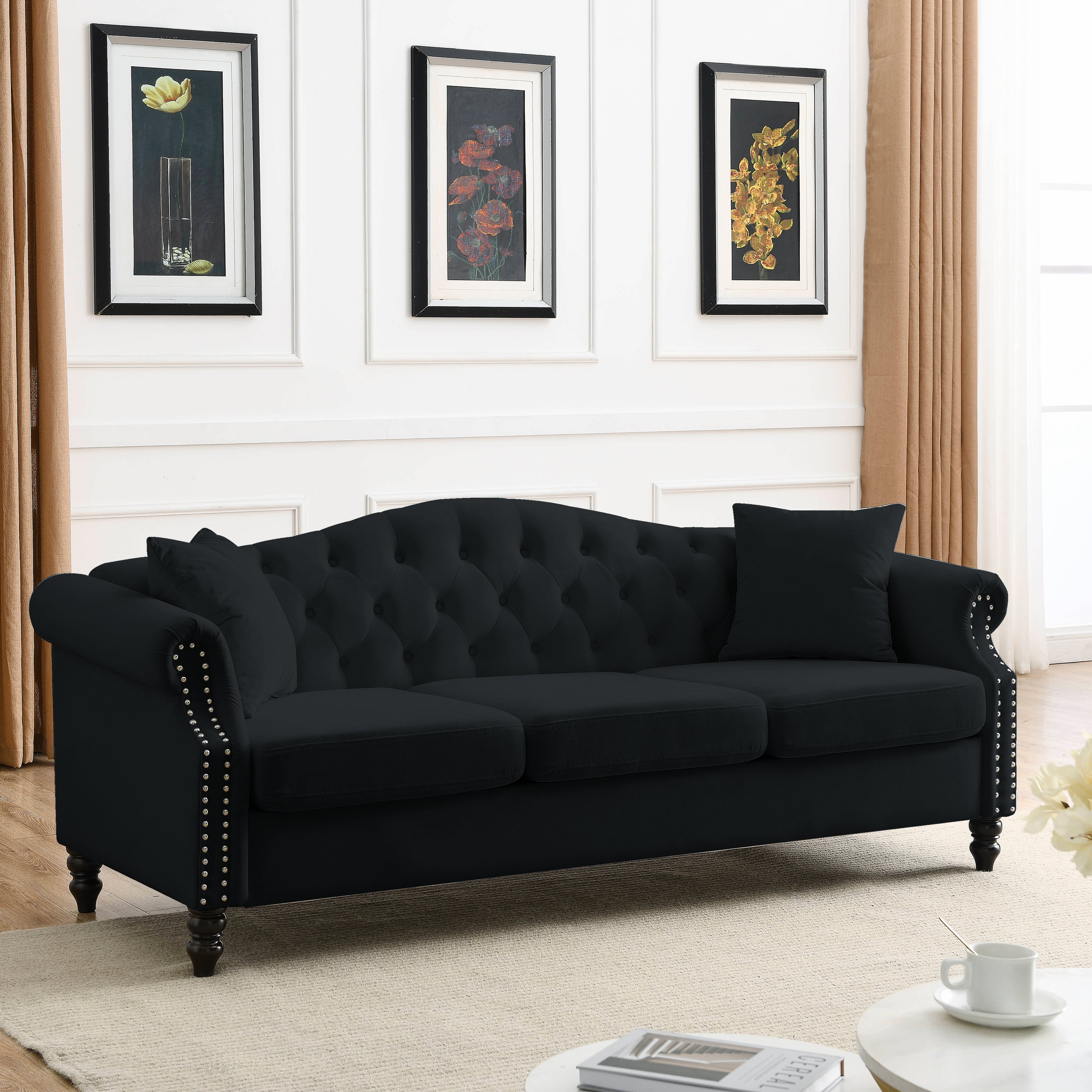 Nailhead Velvet Pitched Back Chesterfield 3-Seater Sofa