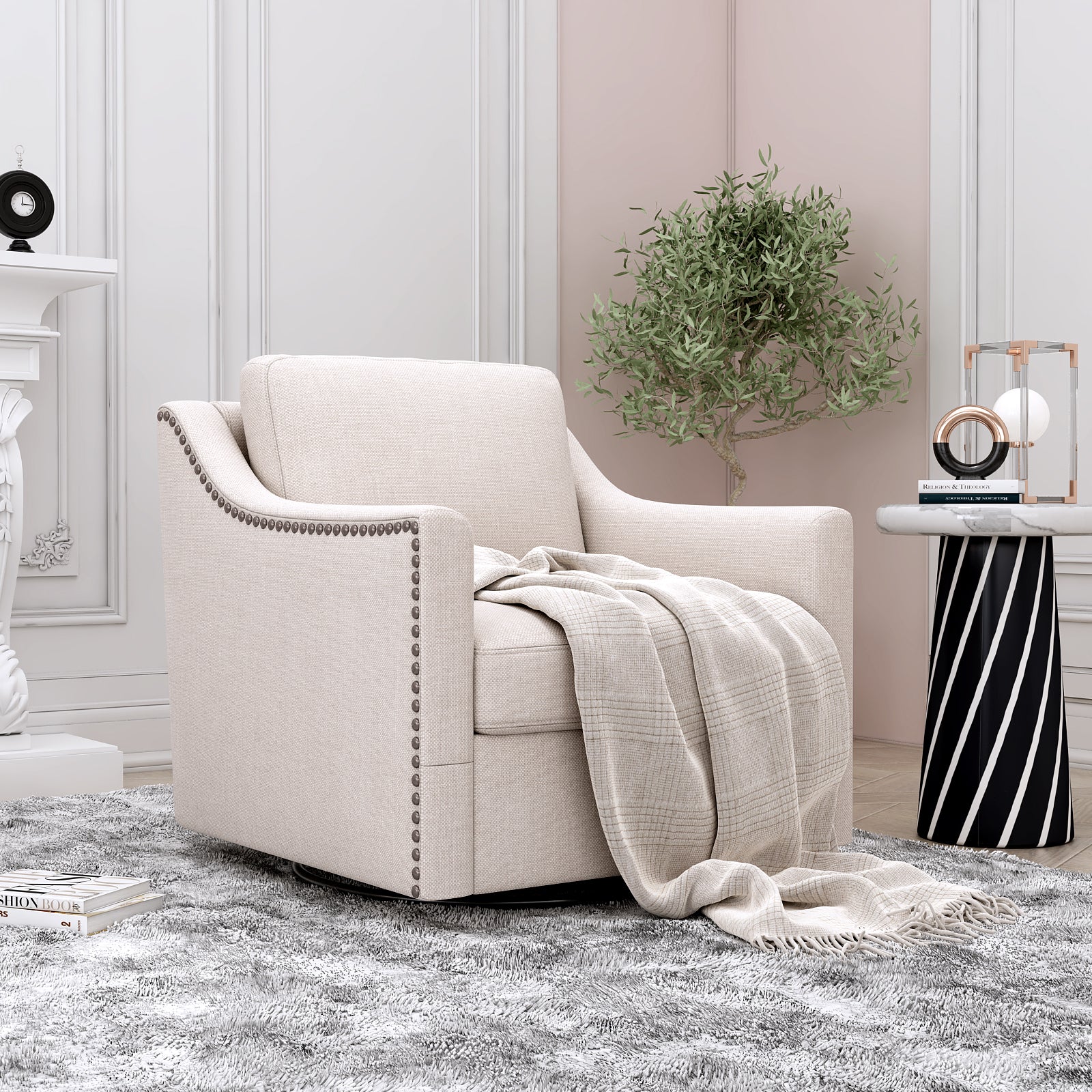 Teddy Fleece 360° Swivel Round Upholstered Comfy Accent Chair With Pillow