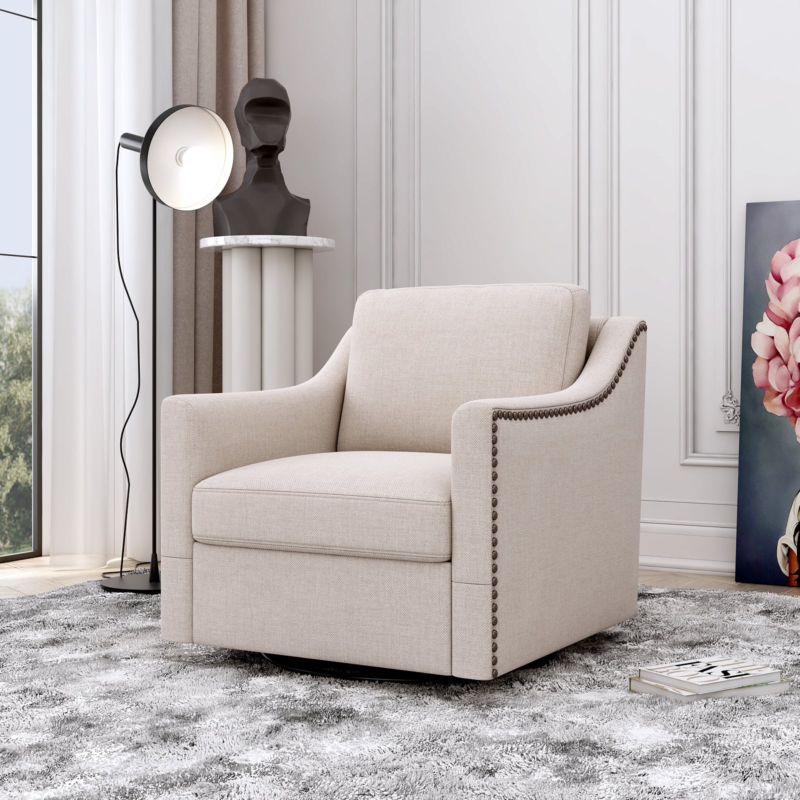 Teddy Fleece 360° Swivel Round Upholstered Comfy Accent Chair With Pillow