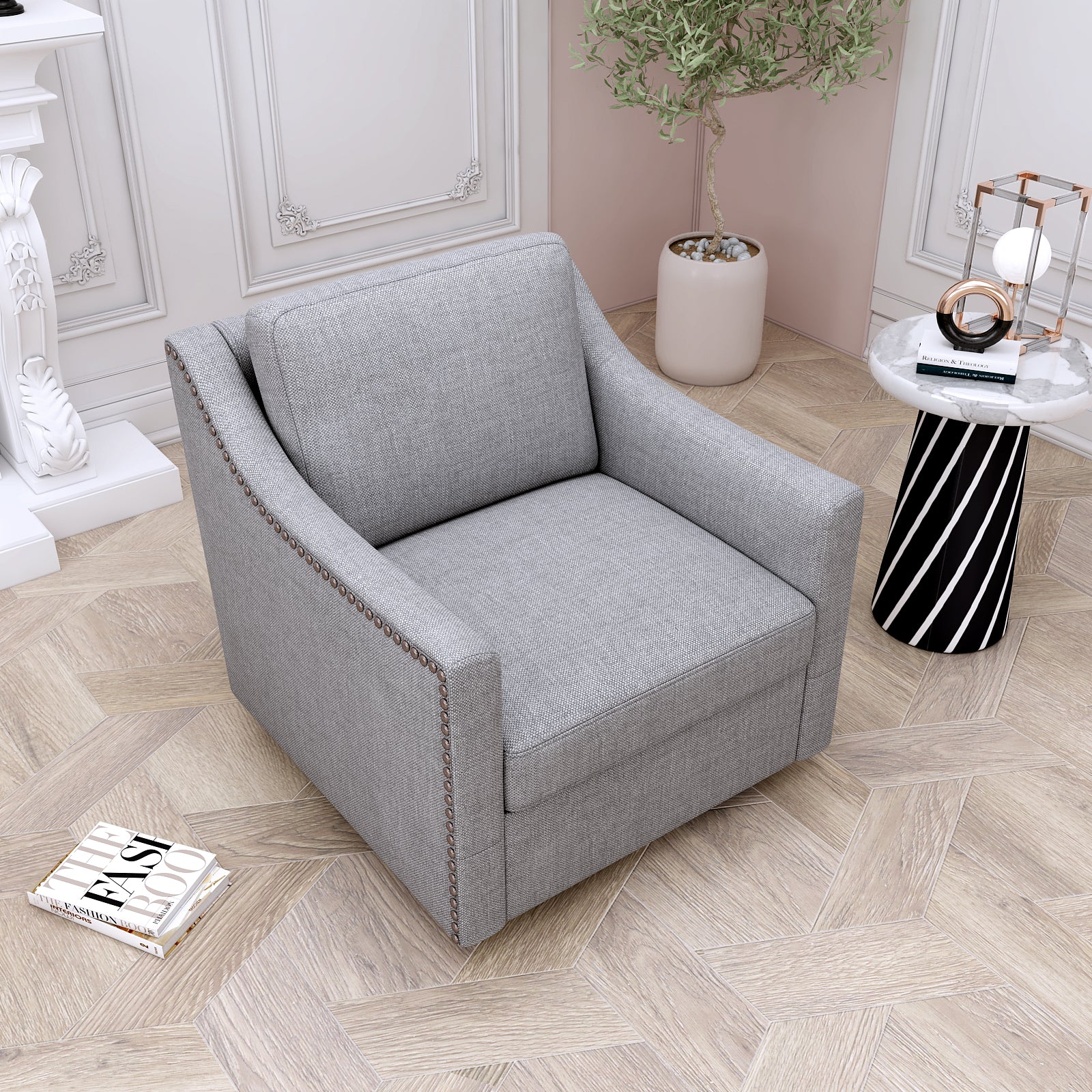 Teddy Fleece 360° Swivel Round Upholstered Comfy Accent Chair With Pillow