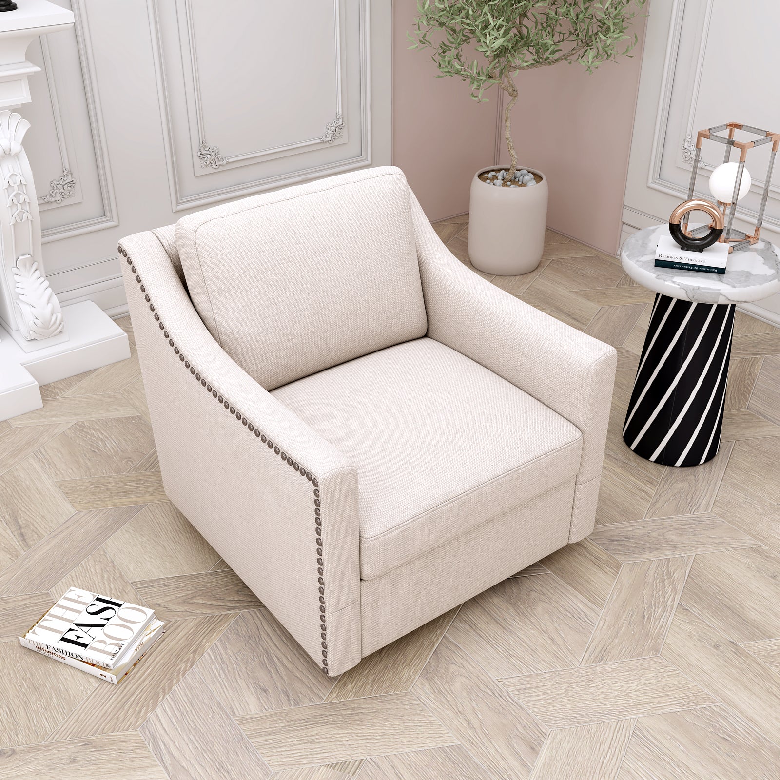 Teddy Fleece 360° Swivel Round Upholstered Comfy Accent Chair With Pillow