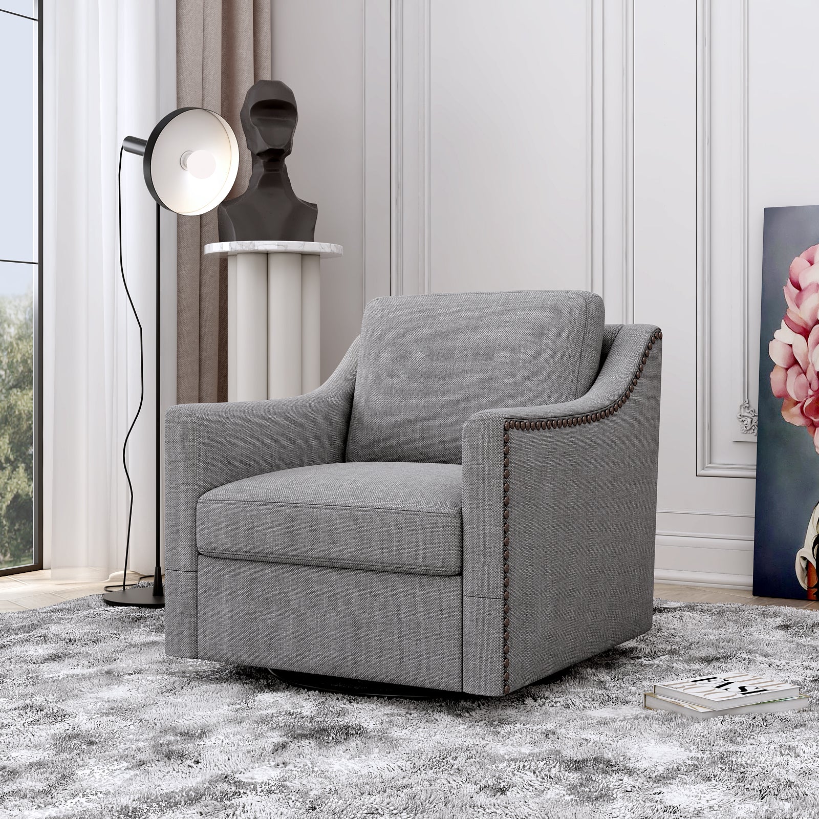 Teddy Fleece 360° Swivel Round Upholstered Comfy Accent Chair With Pillow