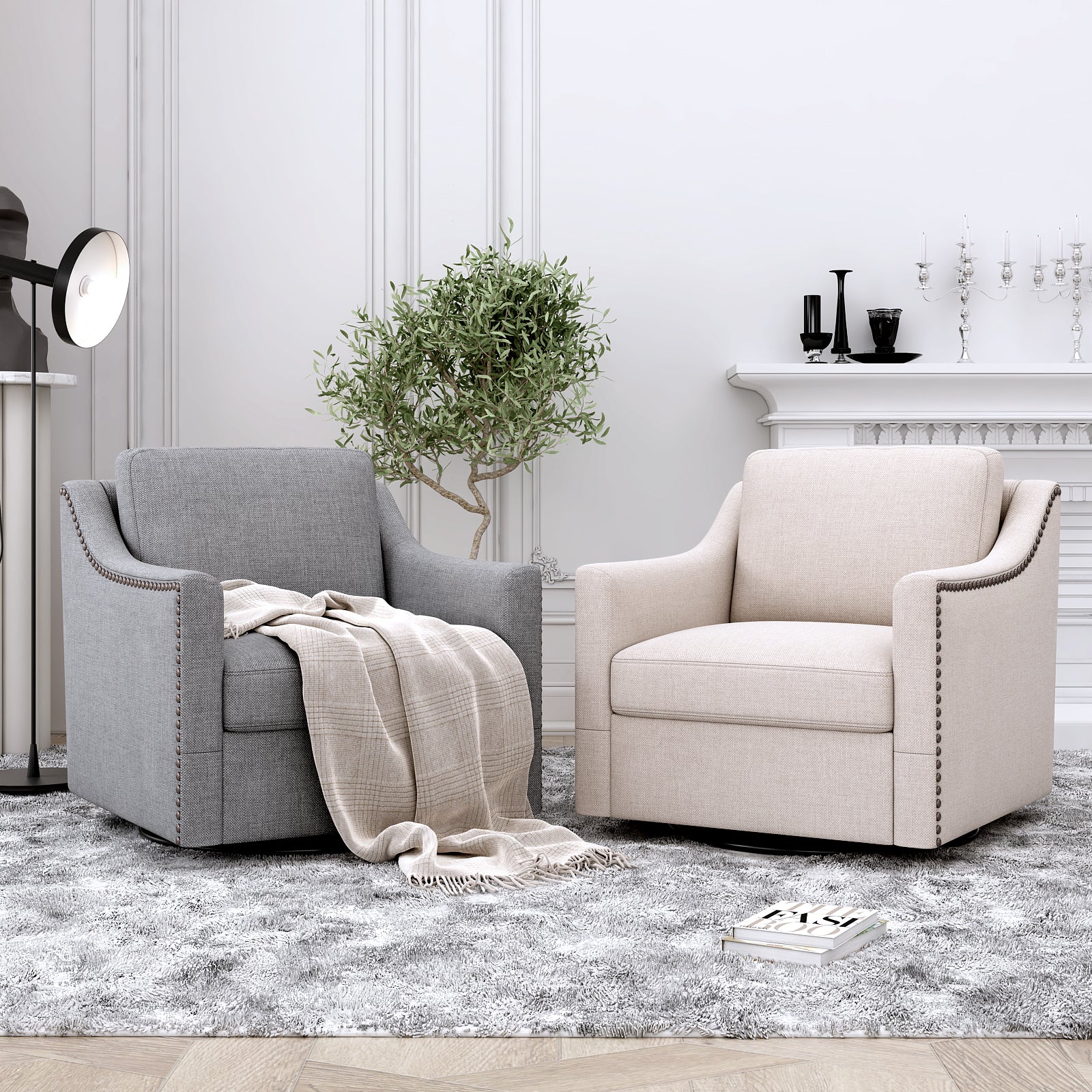 Teddy Fleece 360° Swivel Round Upholstered Comfy Accent Chair With Pillow
