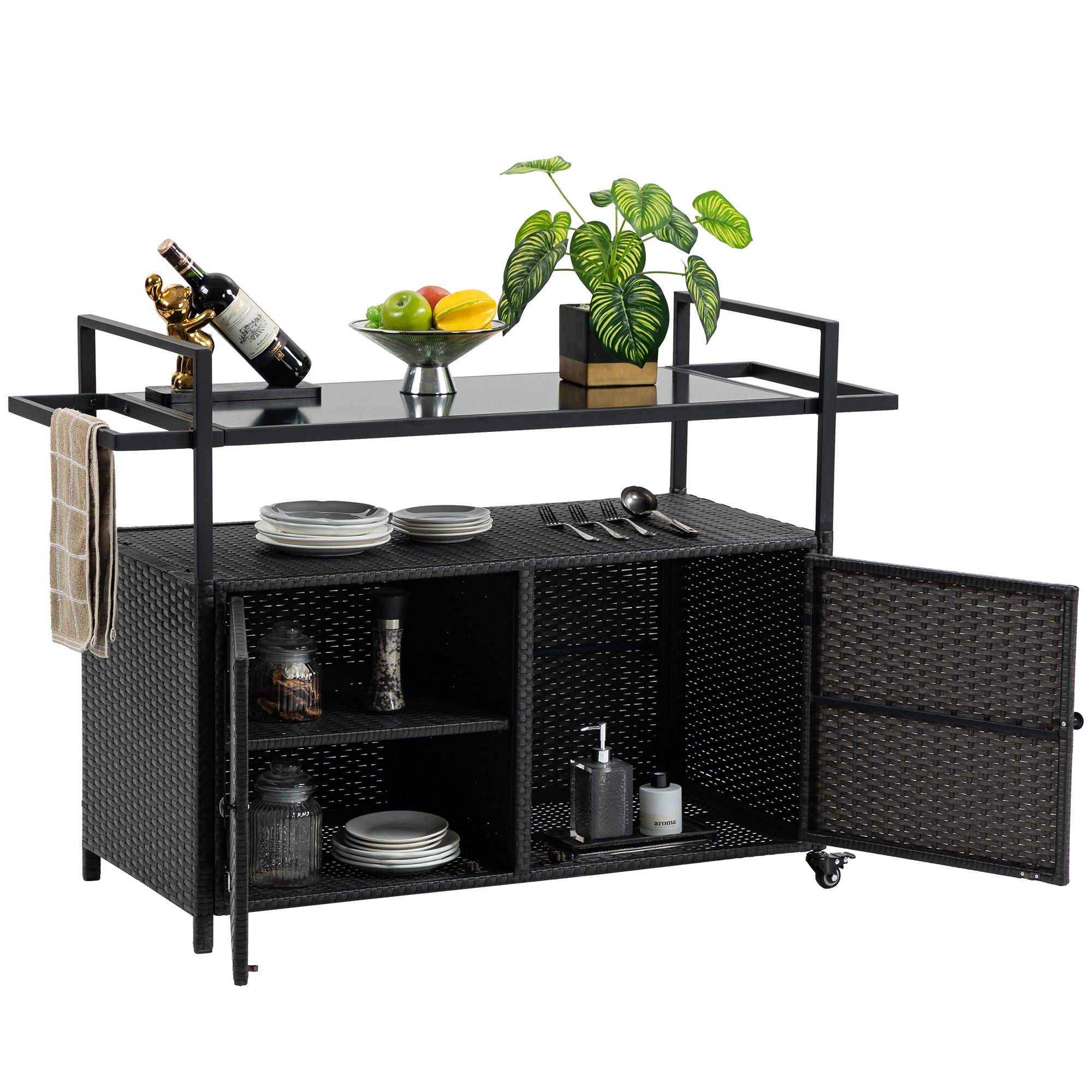 Outdoor Rolling Wicker Bar Cart with Glass Top