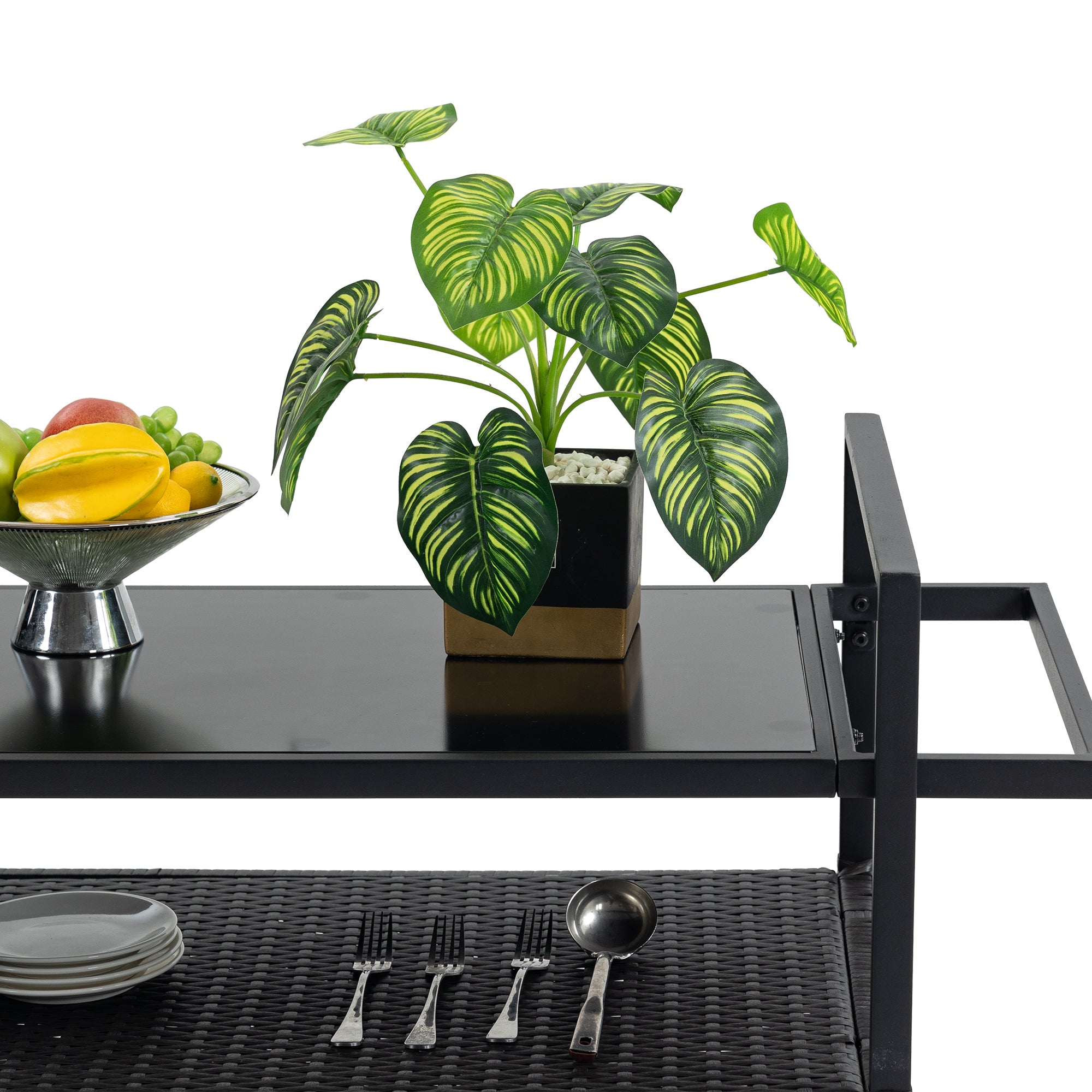 Outdoor Rolling Wicker Bar Cart with Glass Top