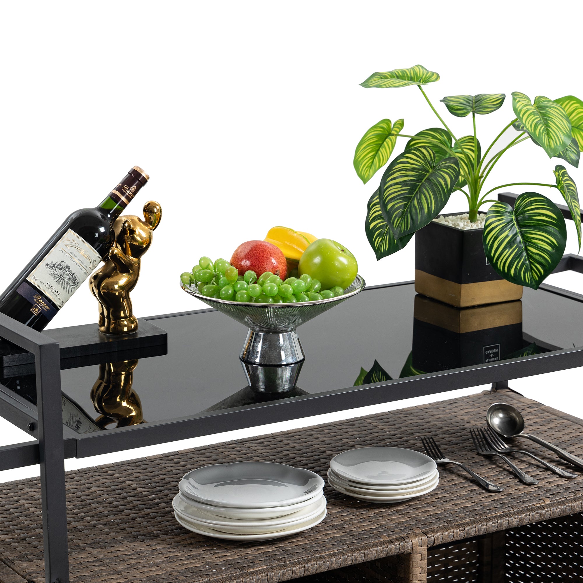 Outdoor Rolling Wicker Bar Cart with Glass Top