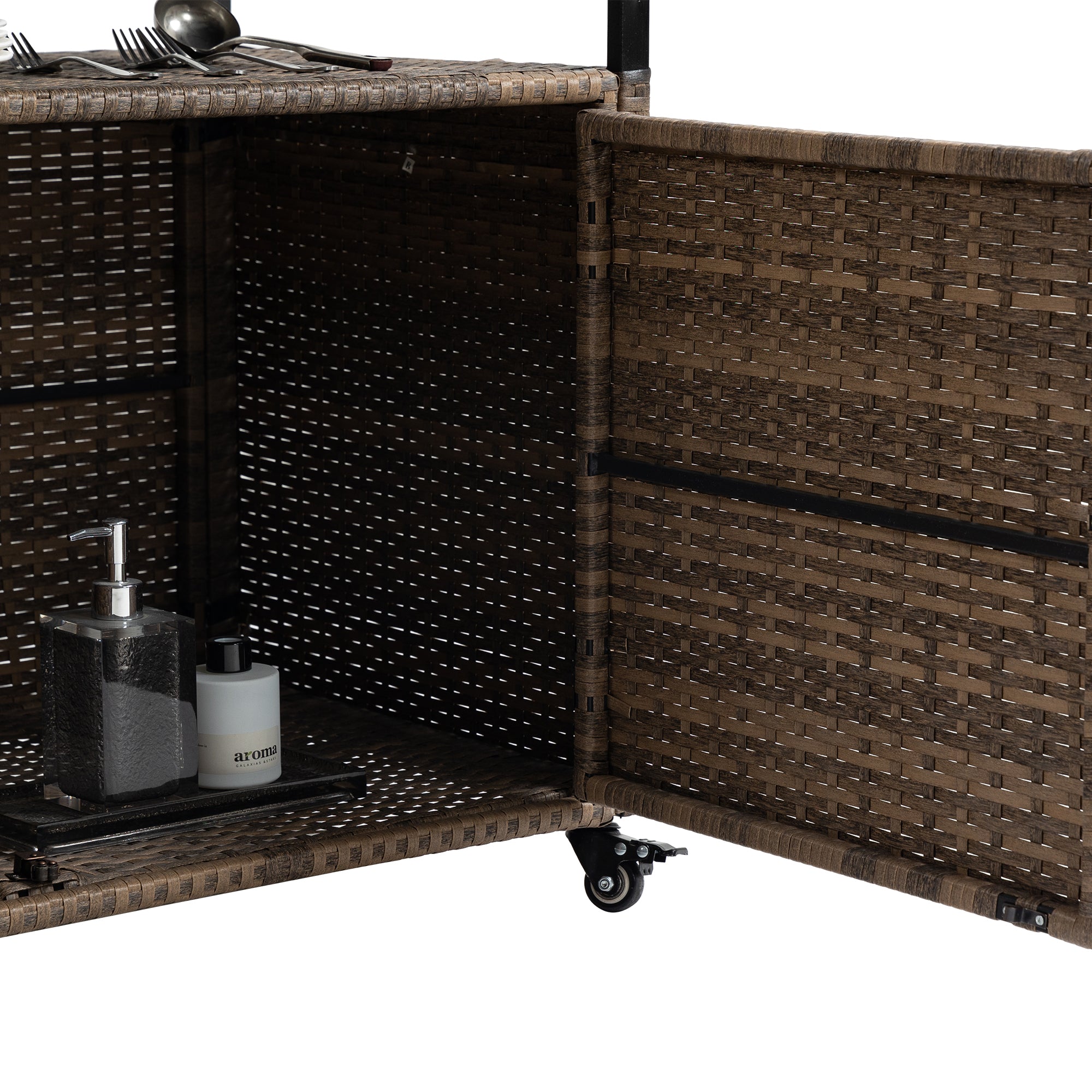 Outdoor Rolling Wicker Bar Cart with Glass Top