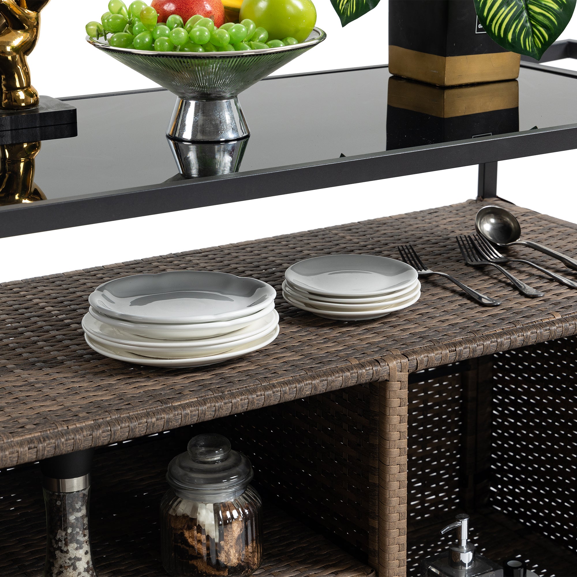 Outdoor Rolling Wicker Bar Cart with Glass Top