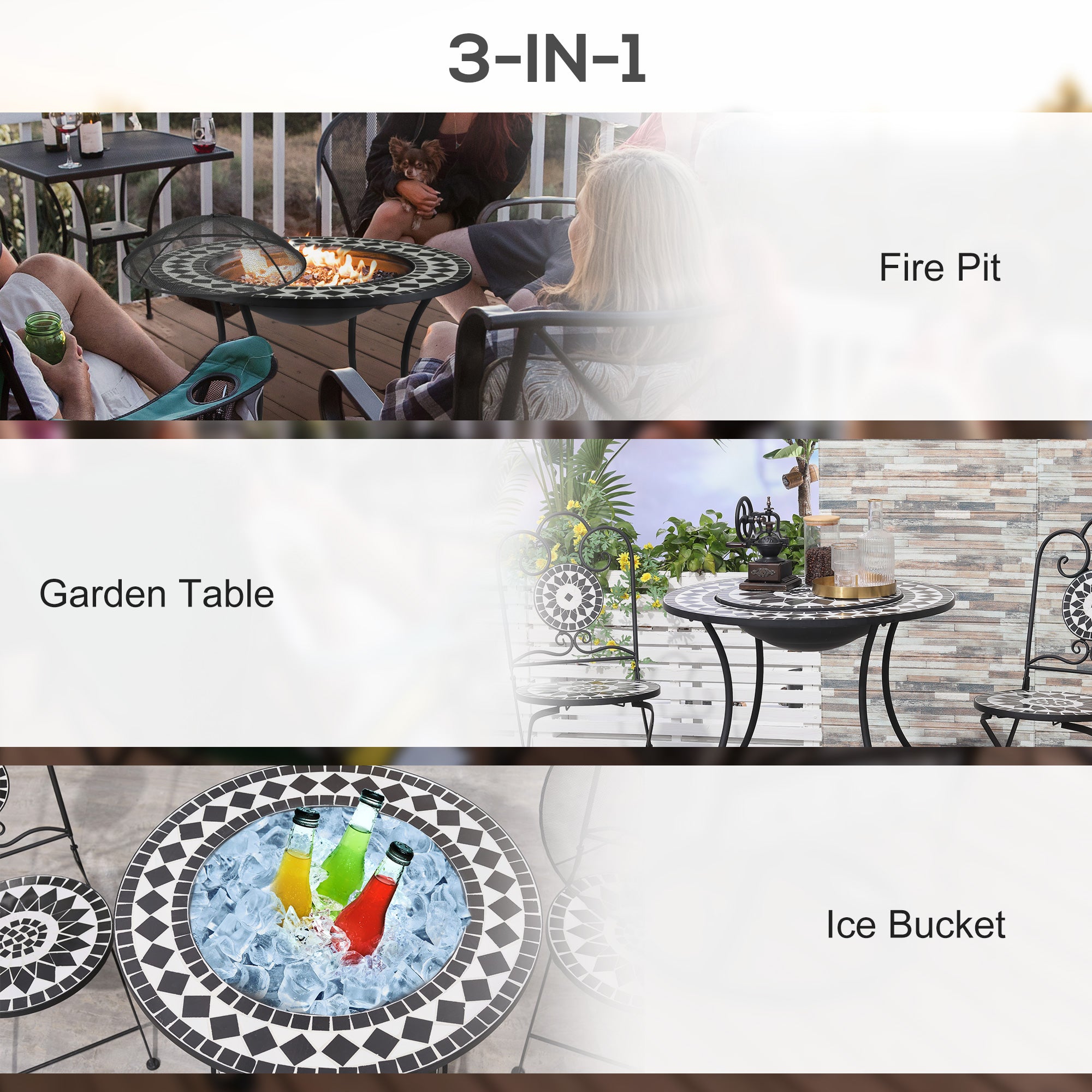 3-in-1 Mosaic Outdoor Fire Pit Dining Table
