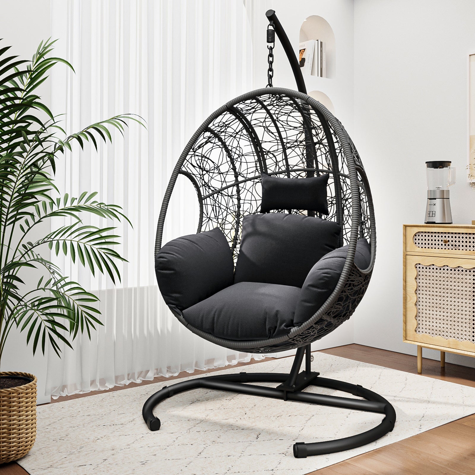 Nest Style Outdoor Indoor PE Wicker Swinging Egg Chair with Stand