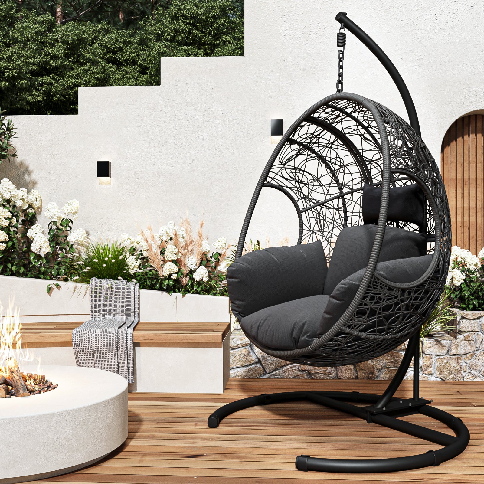 Nest Style Outdoor Indoor PE Wicker Swinging Egg Chair with Stand