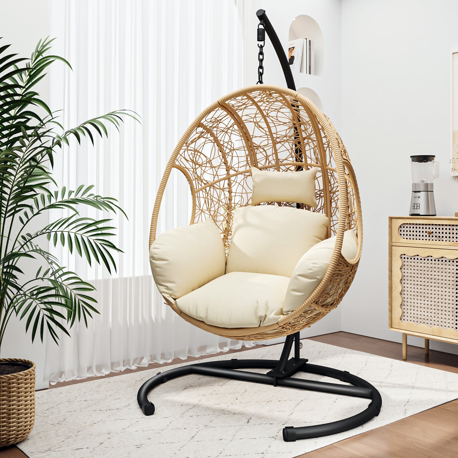 Nest Style Outdoor Indoor PE Wicker Swinging Egg Chair with Stand