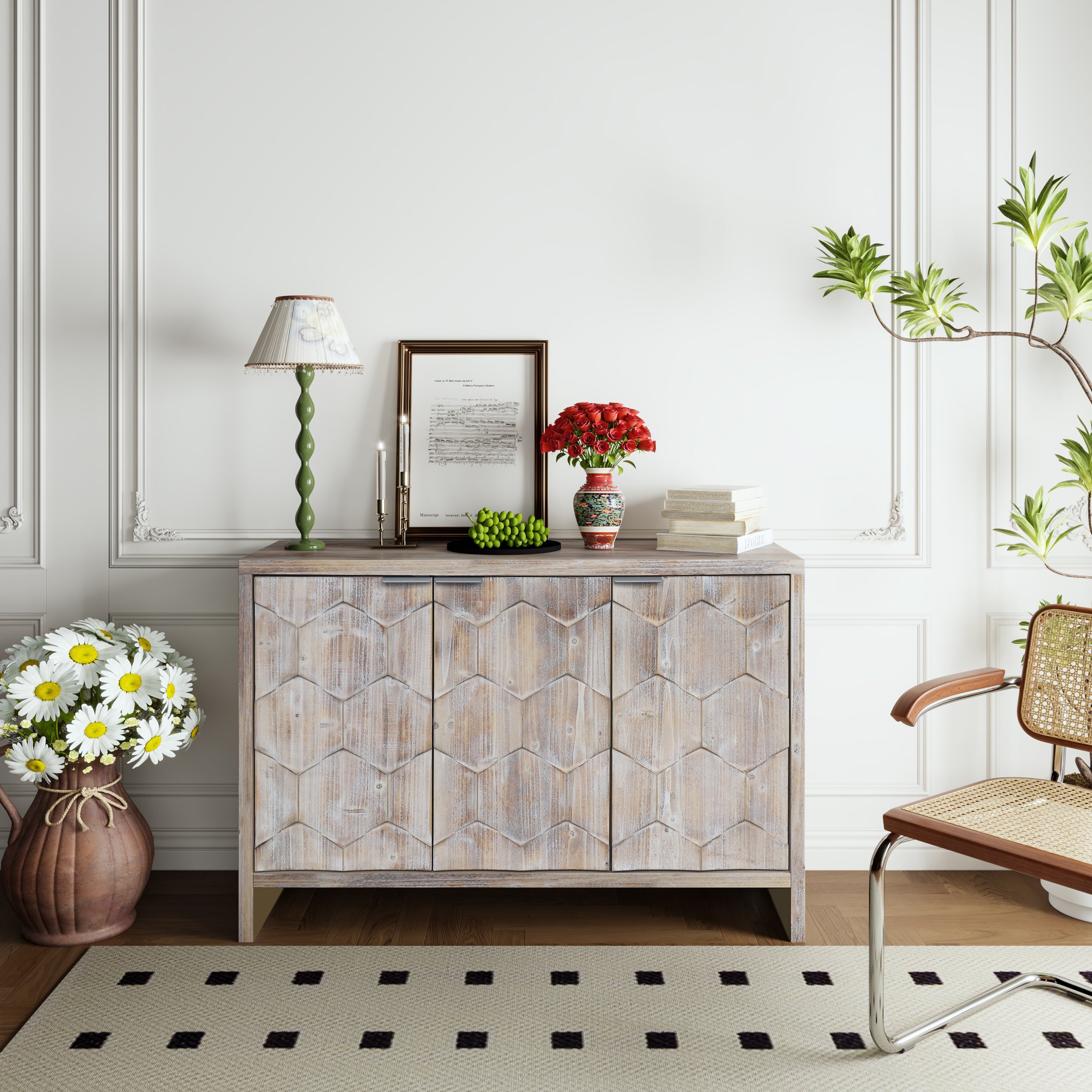 Farmhouse Style 3 Door Wooden Sideboard