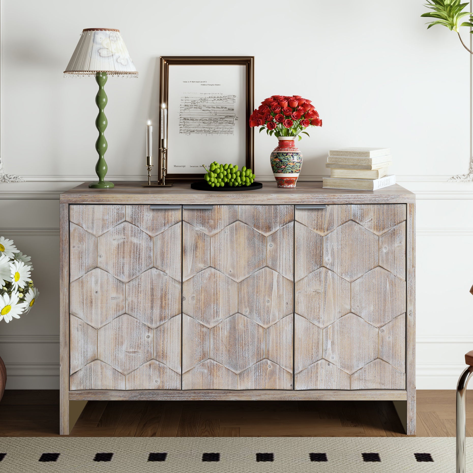 Farmhouse Style 3 Door Wooden Sideboard