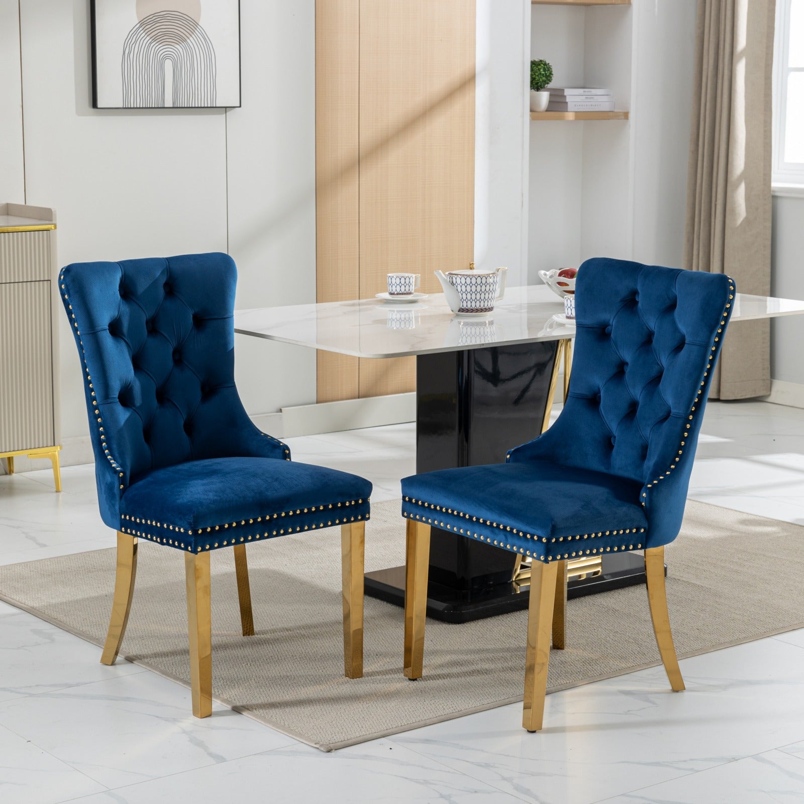 Rosewick Modern Tufted Velvet Solid Wood Upholstered Dining Chair with Gold Stainless Steel Plating Legs, Set of 2