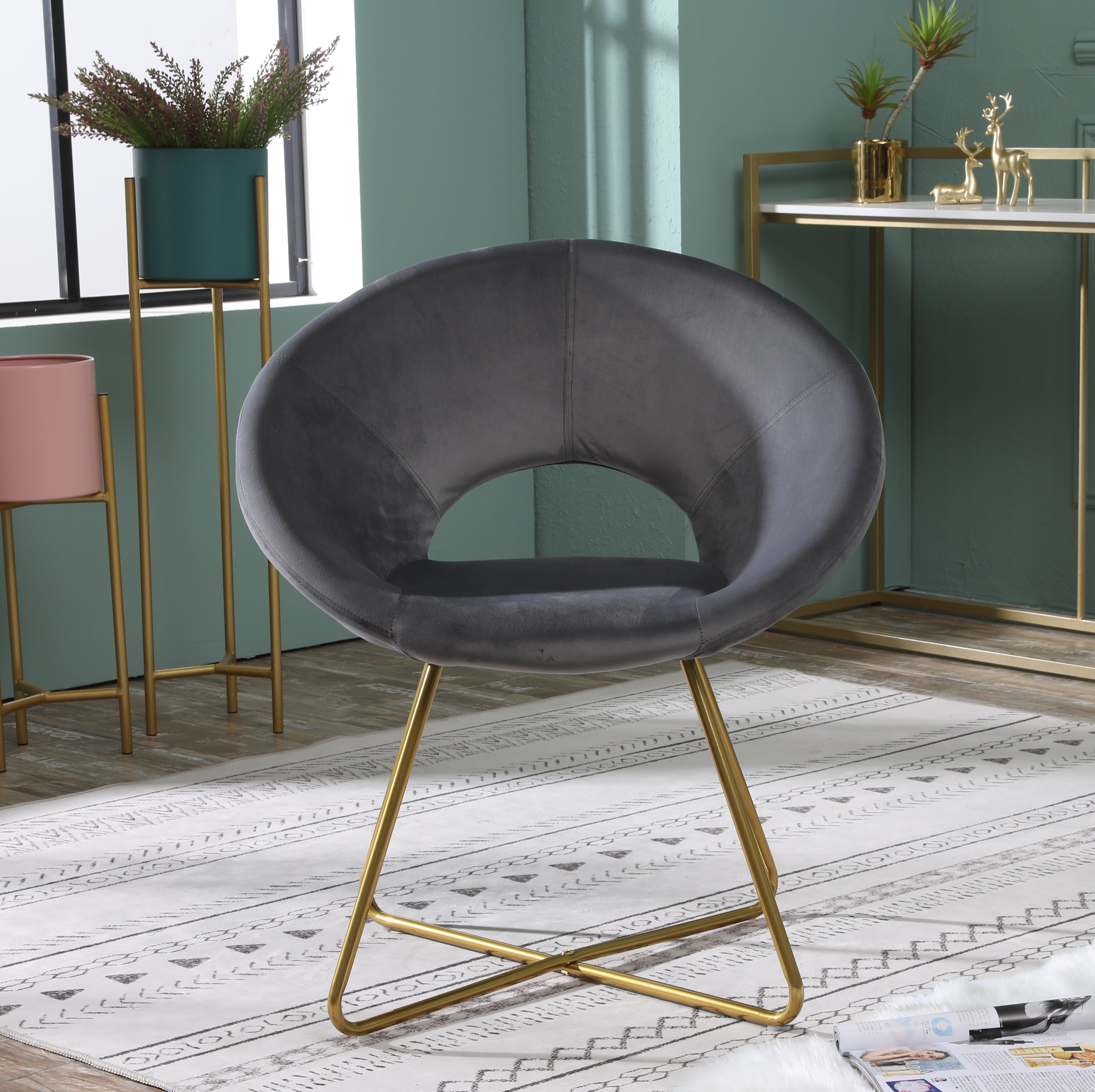 Slatina Pink Silky Velvet Upholstered Accent Chair with Gold Tone Finished Base