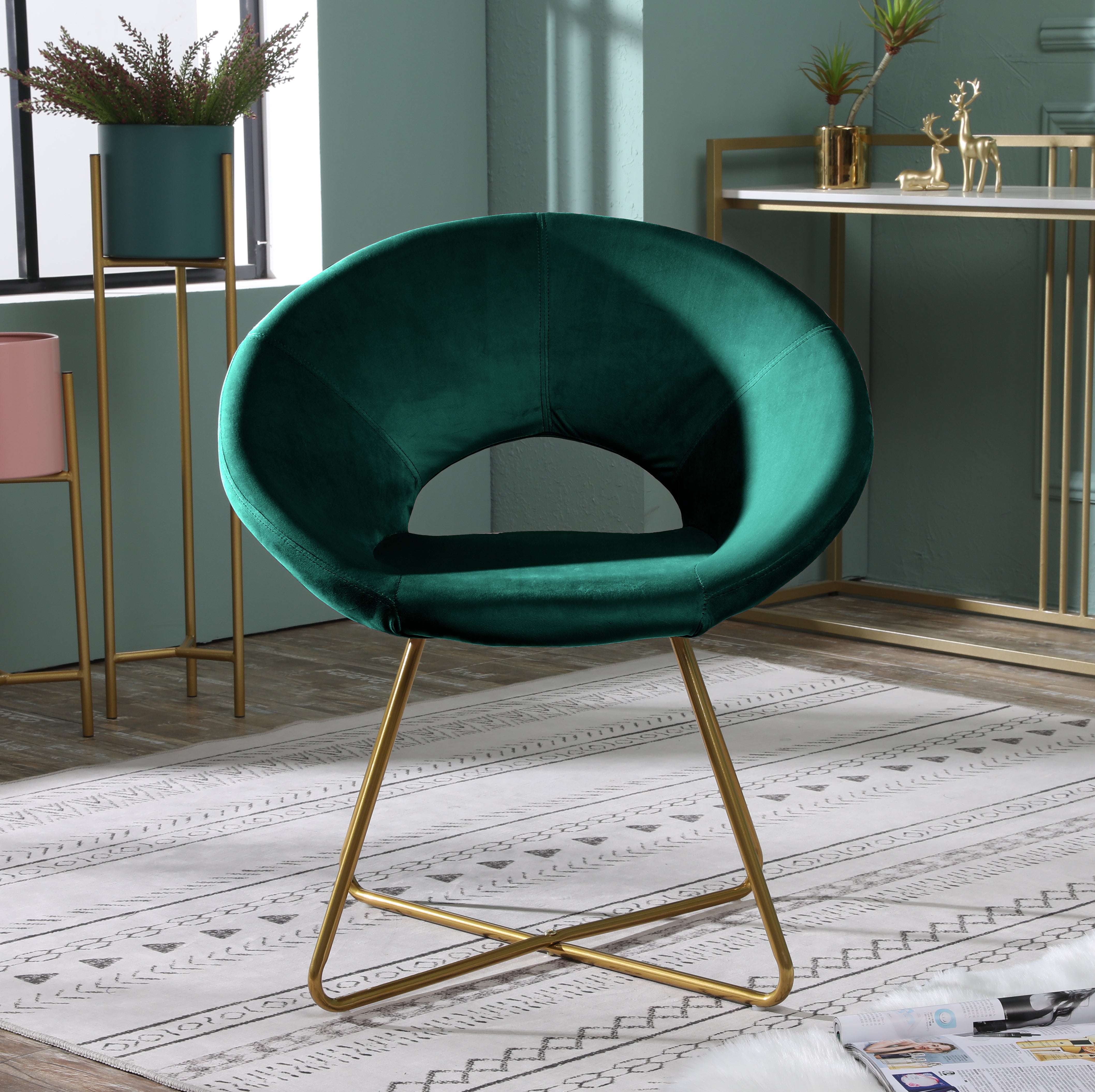Slatina Pink Silky Velvet Upholstered Accent Chair with Gold Tone Finished Base