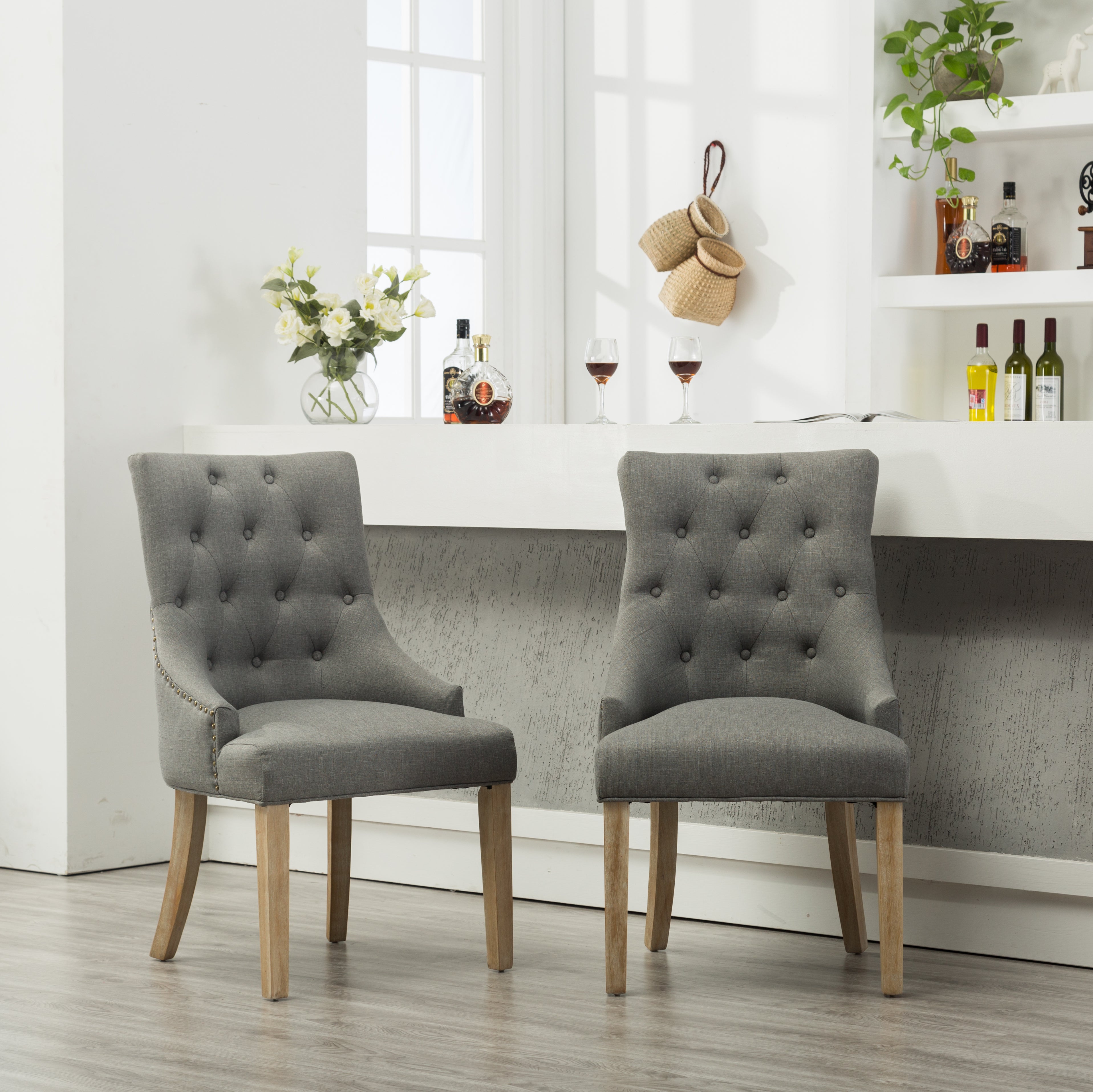 Grey Button Tufted Solid Wood Wingback Dining Chairs, Set of 2