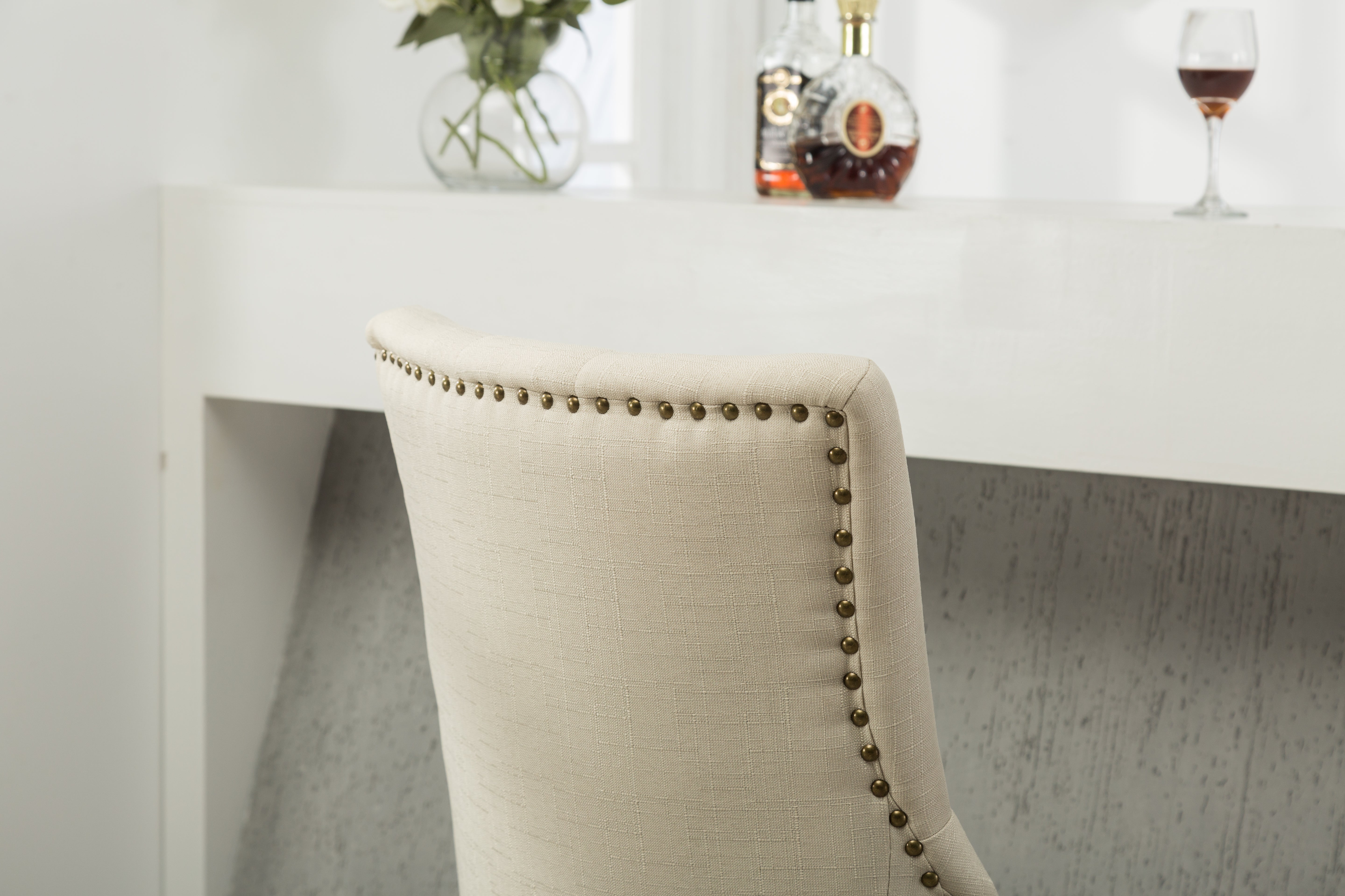 Tan Button Tufted Solid Wood Wingback Hostess Chairs, Set of 2
