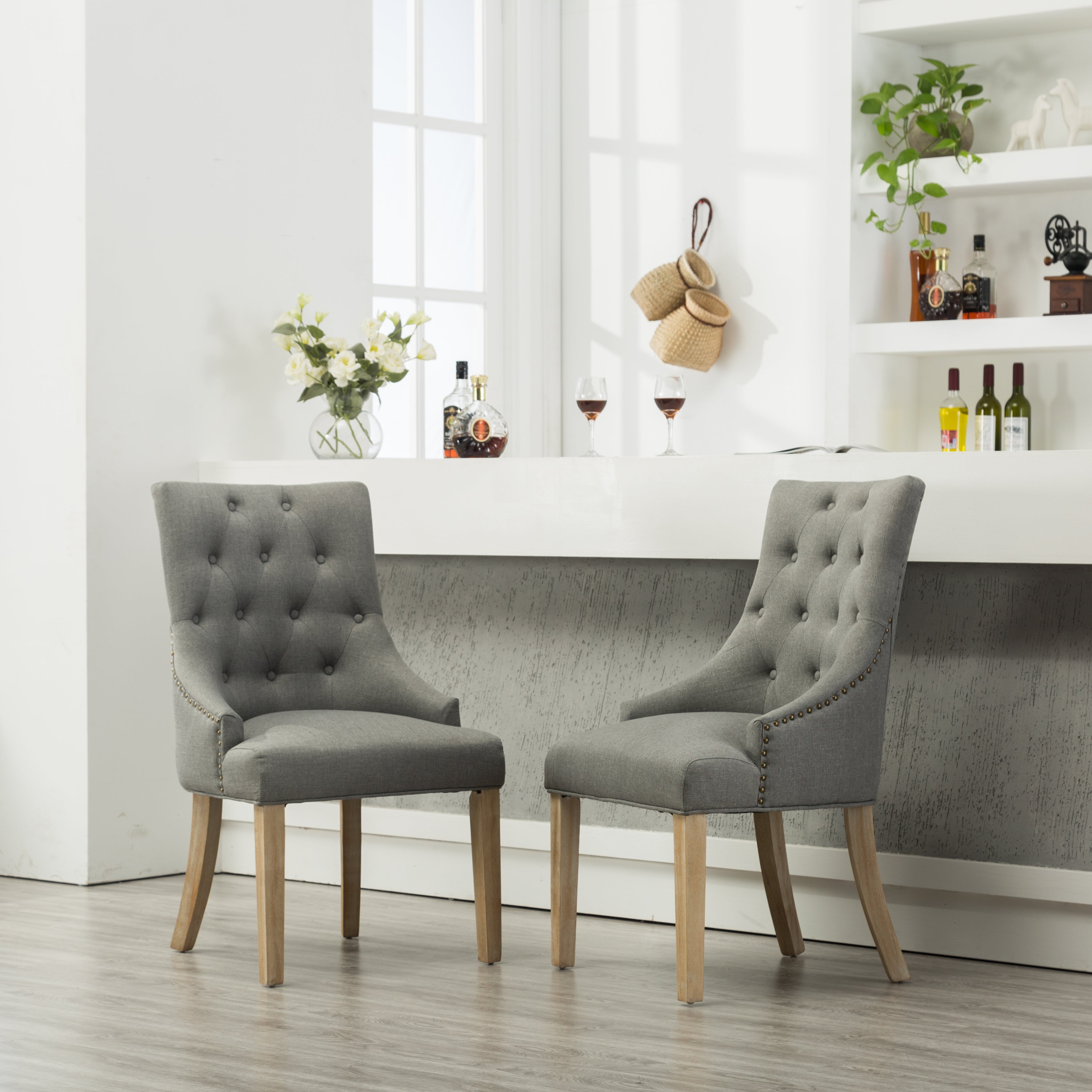 Grey Button Tufted Solid Wood Wingback Dining Chairs, Set of 2