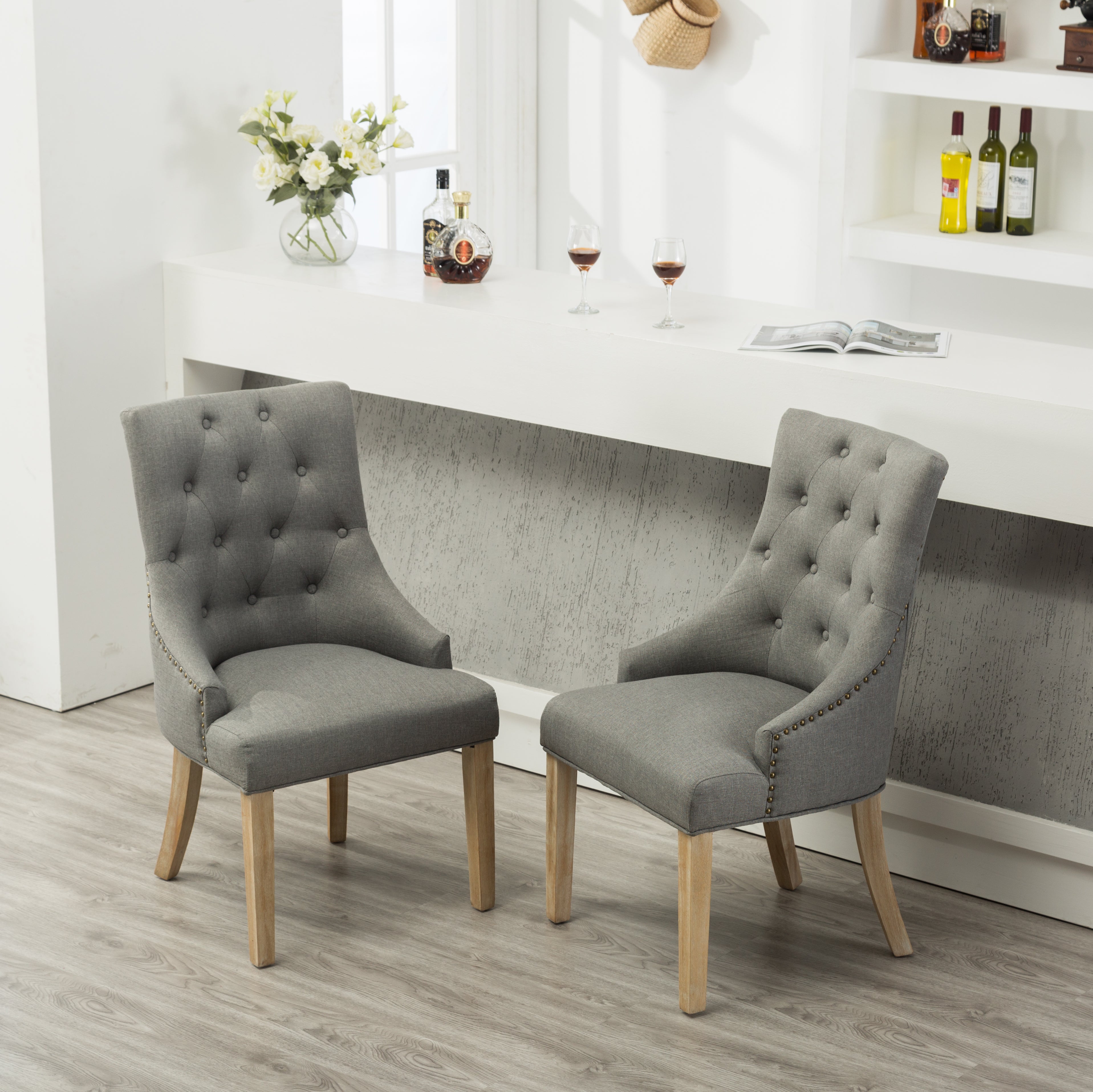 Grey Button Tufted Solid Wood Wingback Dining Chairs, Set of 2