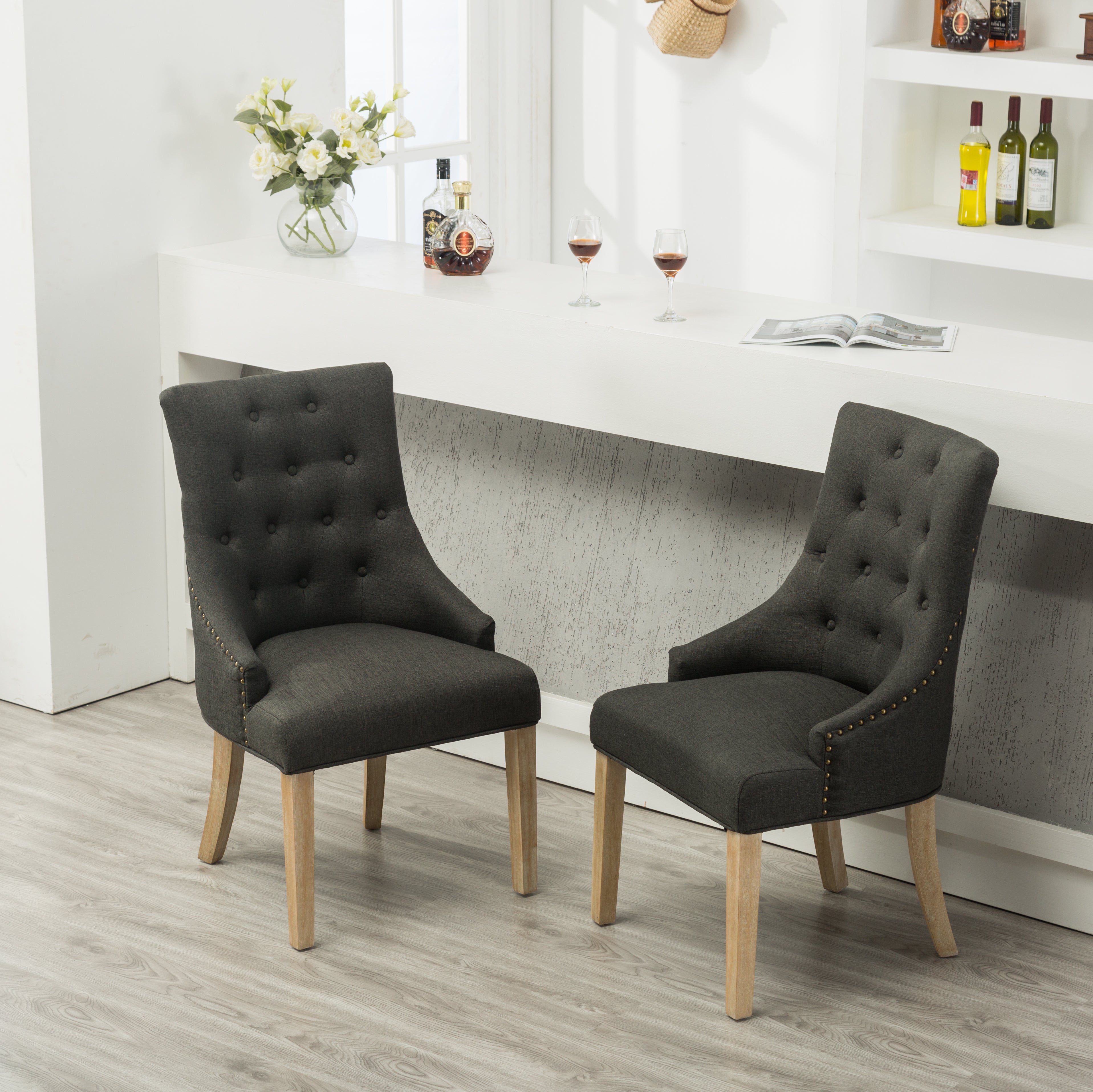 Charcoal Button Tufted Solid Wood Wingback Hostess Chairs, Set of 2