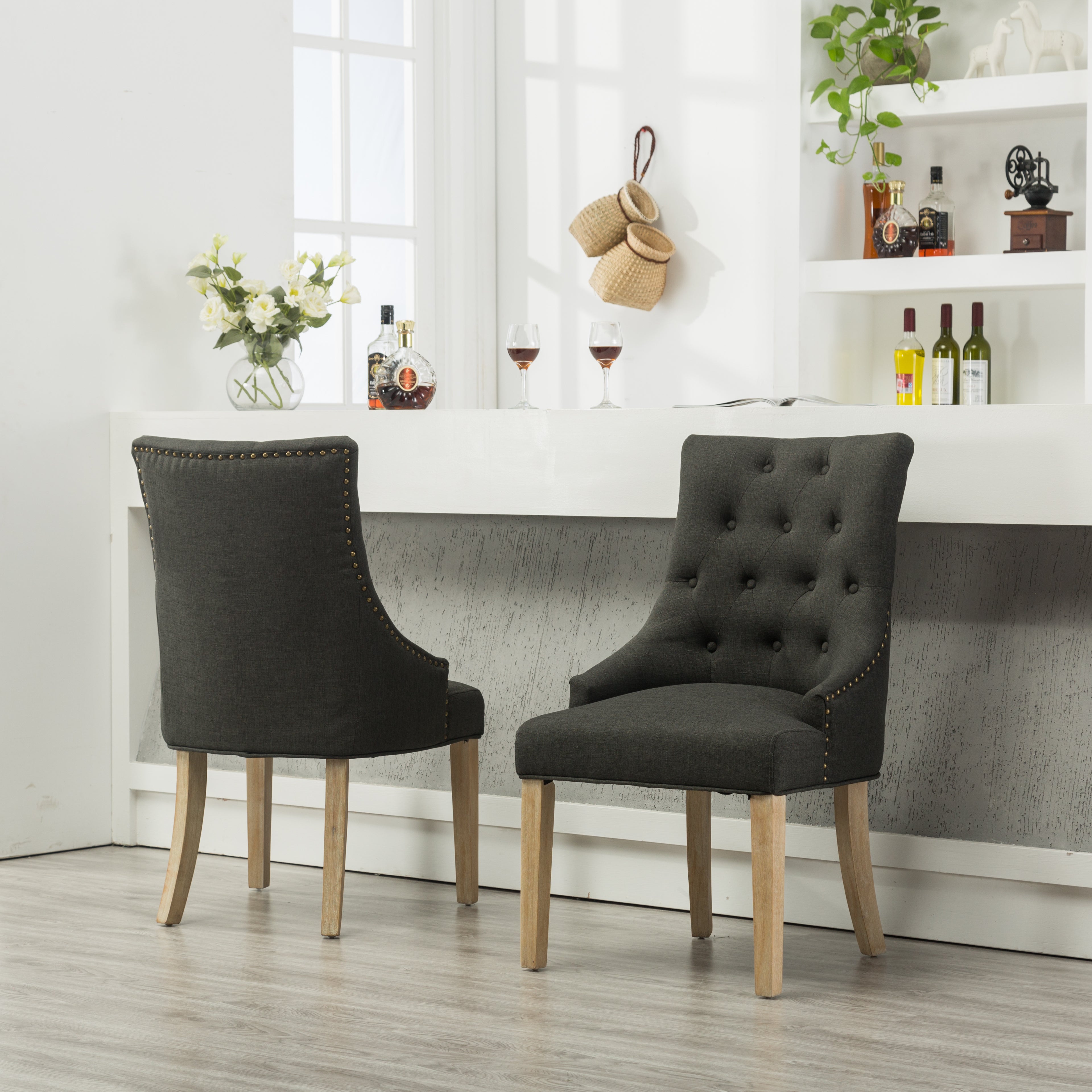 Charcoal Button Tufted Solid Wood Wingback Hostess Chairs, Set of 2