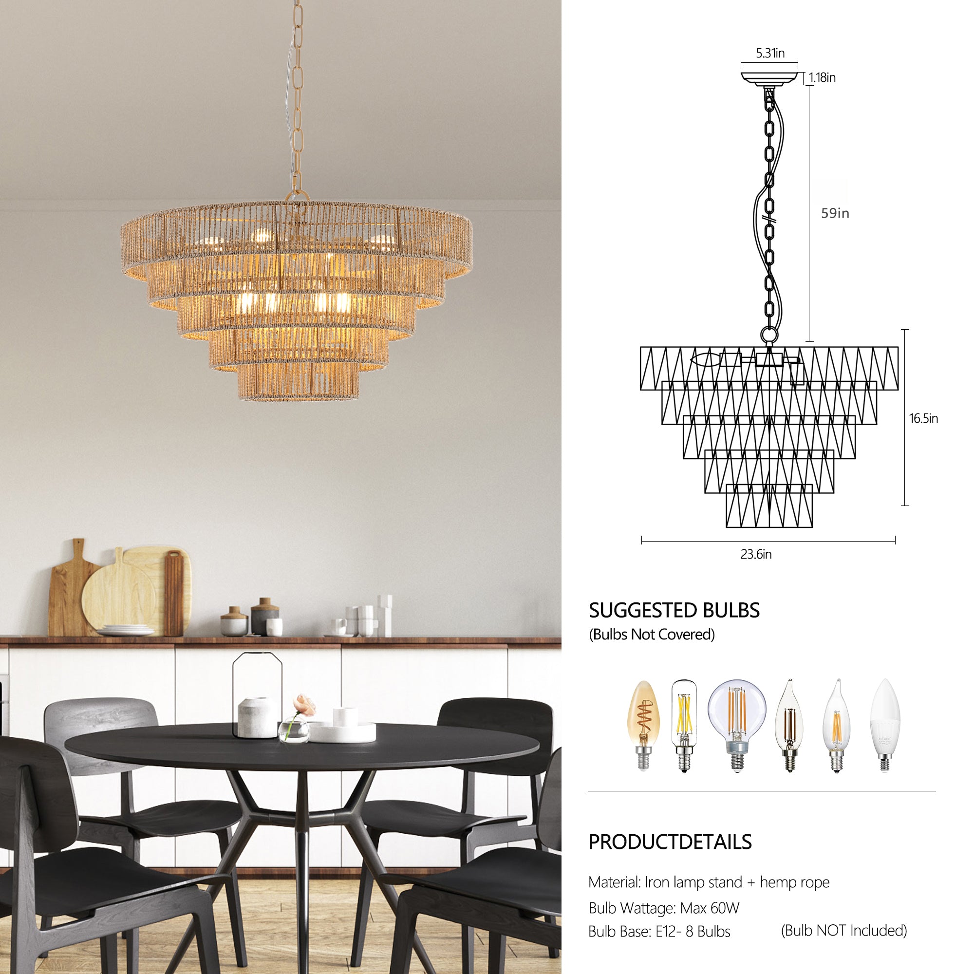 24" Modern 5-Layer Woven Rope Chandelier