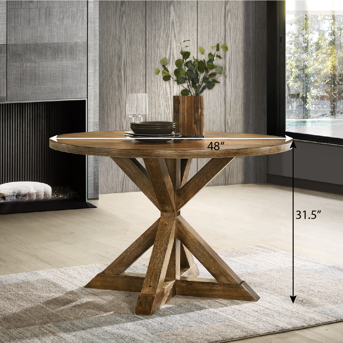 Firlo Round Dining Table with Cross-Buck Pedestal Base
