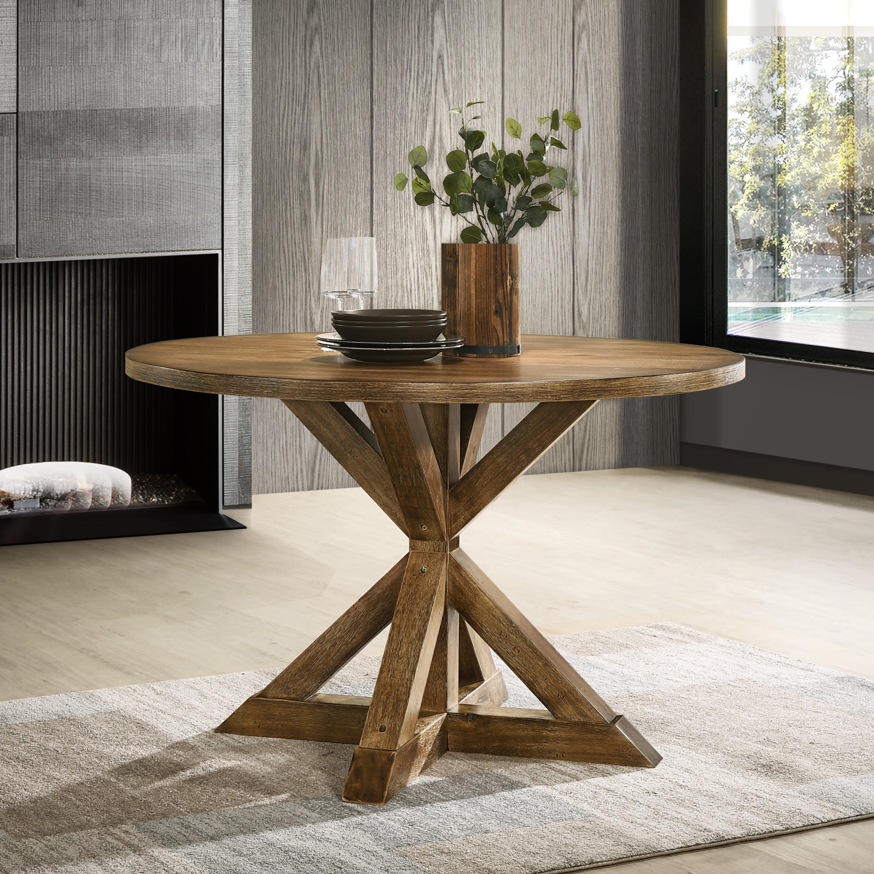 Firlo Round Dining Table with Cross-Buck Pedestal Base